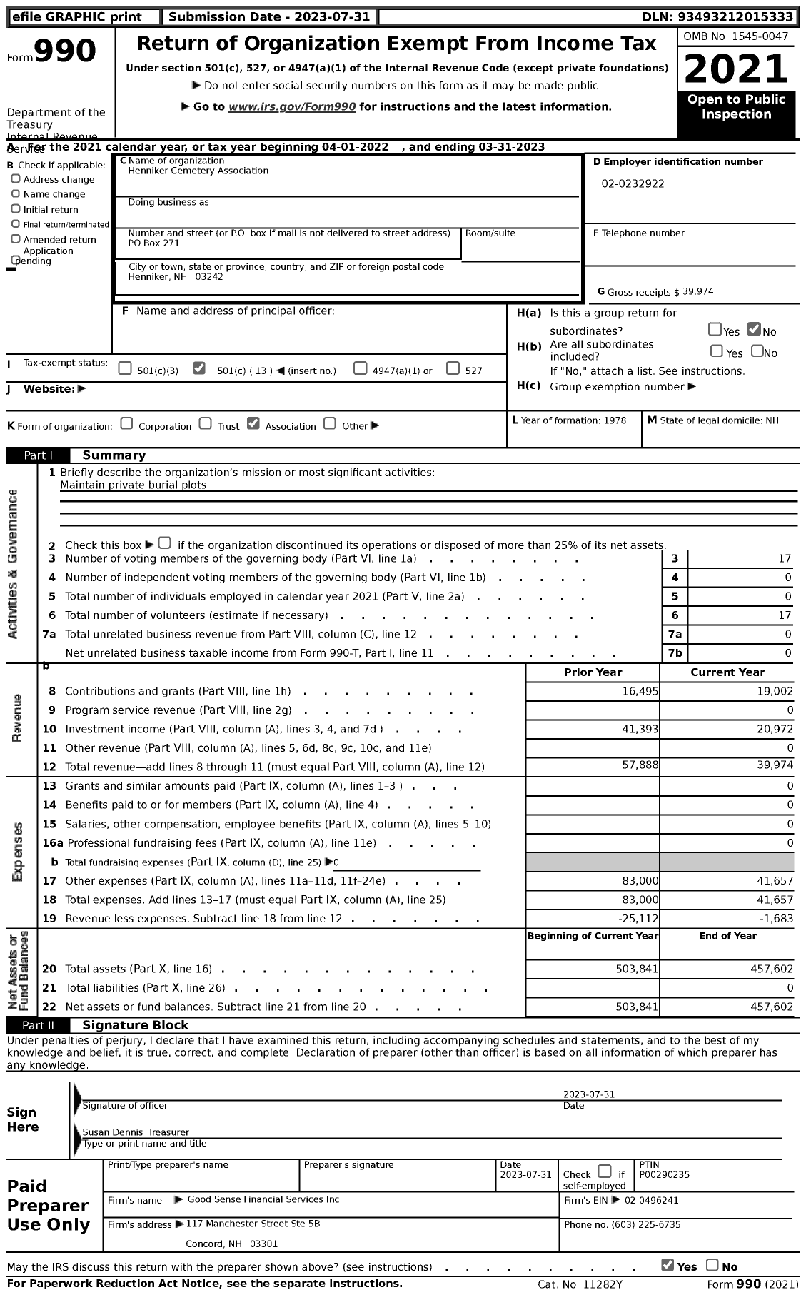 Image of first page of 2022 Form 990 for Henniker Cemetery Association