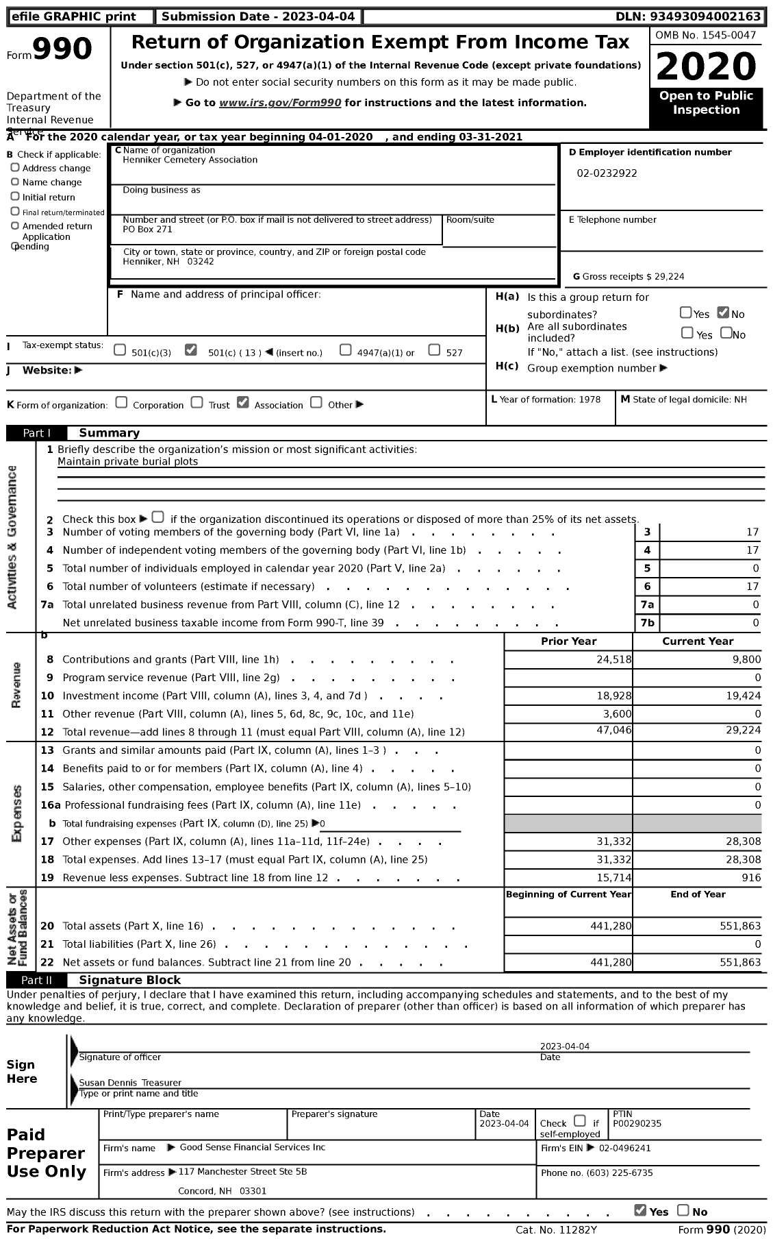 Image of first page of 2020 Form 990 for Henniker Cemetery Association