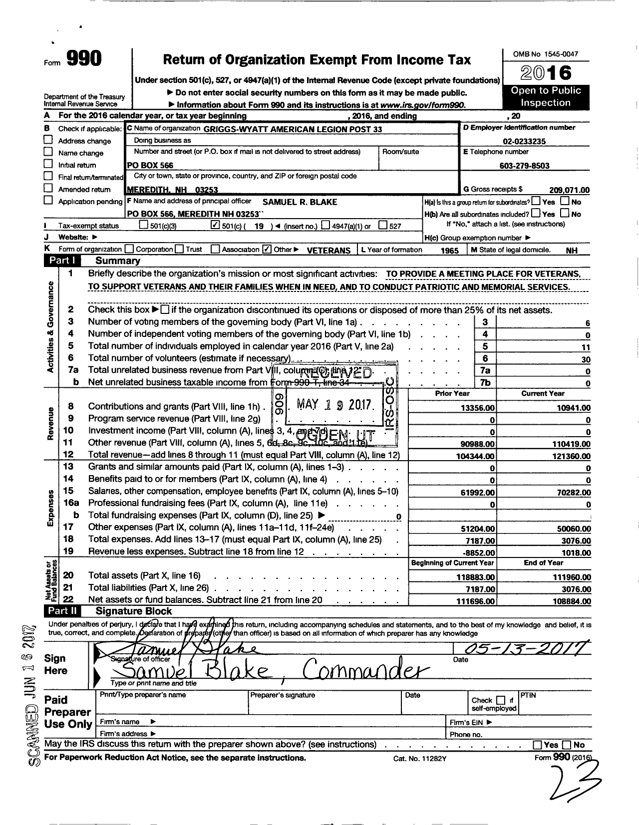 Image of first page of 2016 Form 990O for American Legion Post 33 Griggs Wyatt