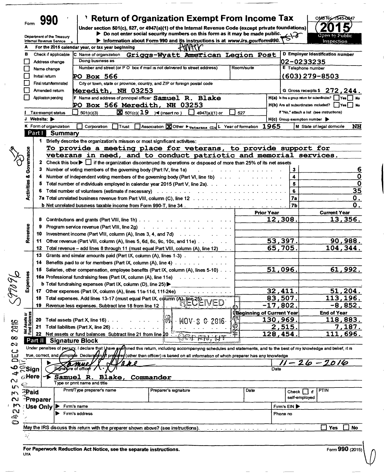 Image of first page of 2015 Form 990O for American Legion Post 33 Griggs Wyatt