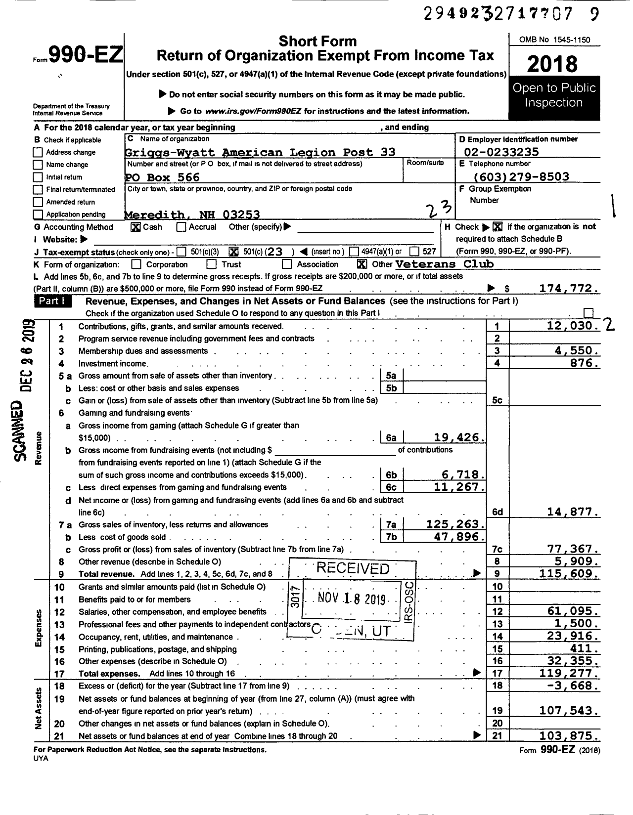 Image of first page of 2018 Form 990EO for American Legion Post 33 Griggs Wyatt