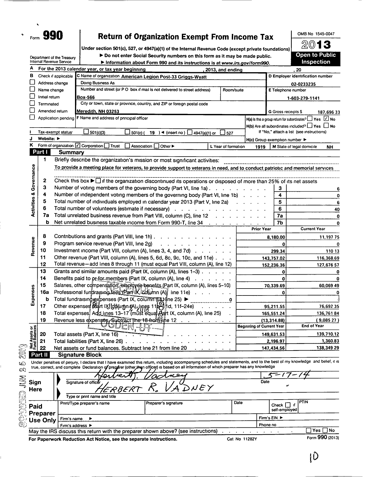 Image of first page of 2013 Form 990O for American Legion Post 33 Griggs Wyatt