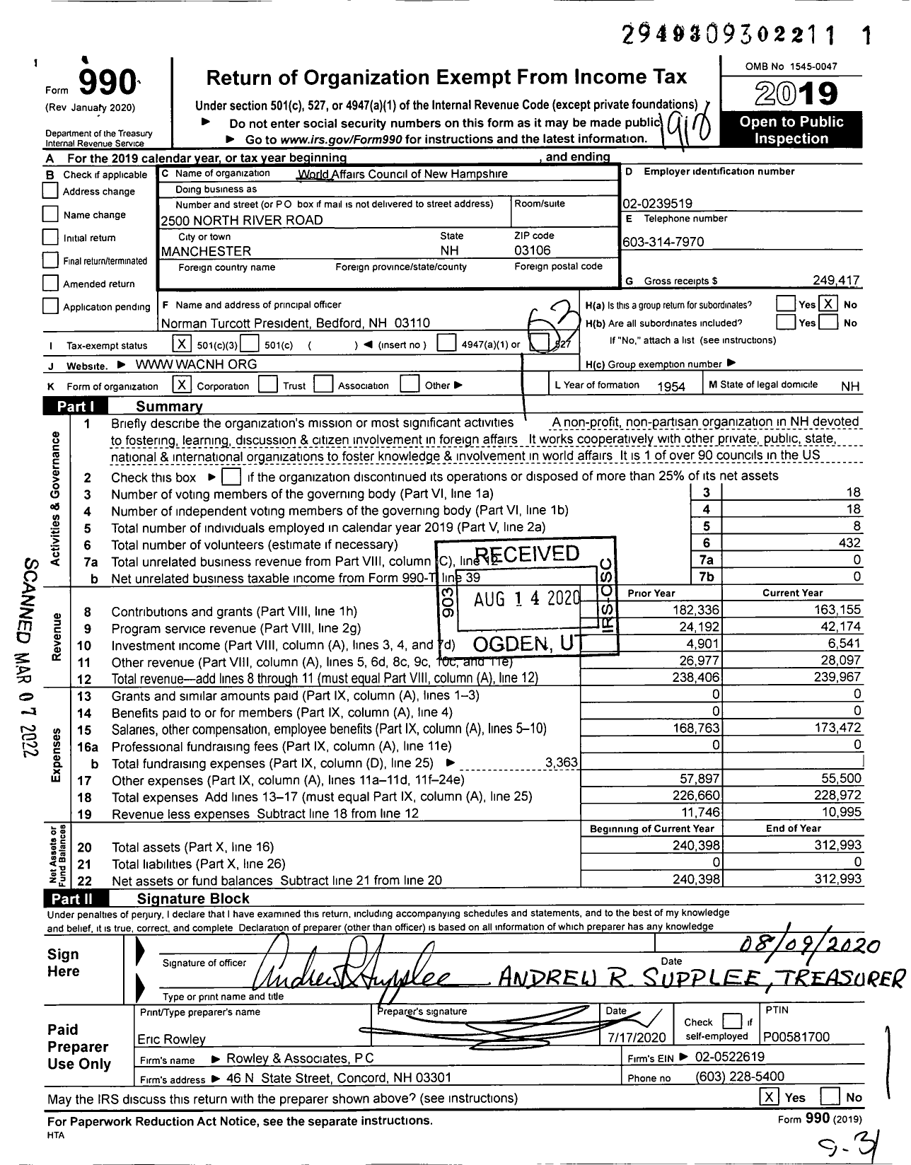 Image of first page of 2019 Form 990 for World Affairs Council of New Hampshire