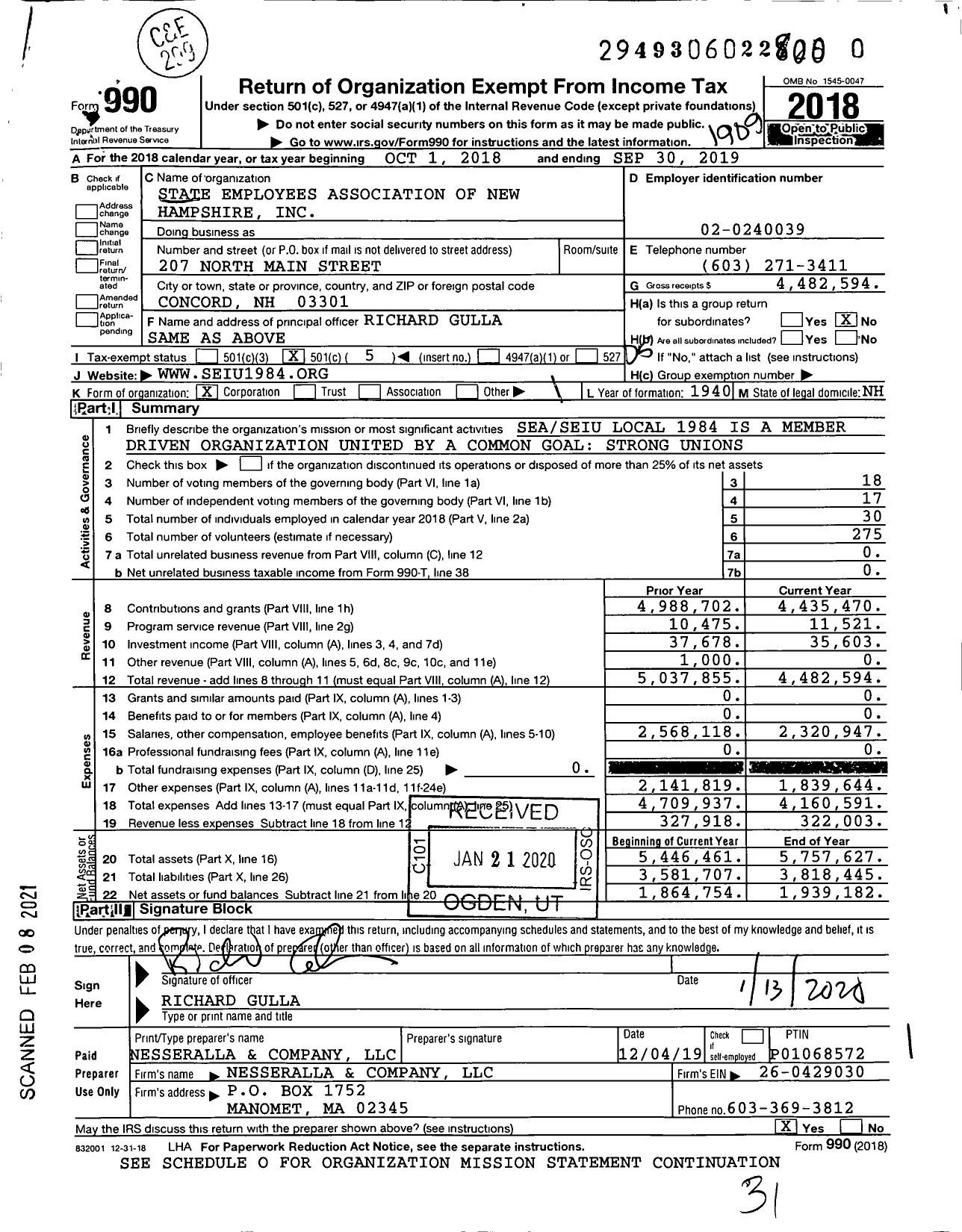 Image of first page of 2018 Form 990O for Service Employees International Union - State Employees Association of NH