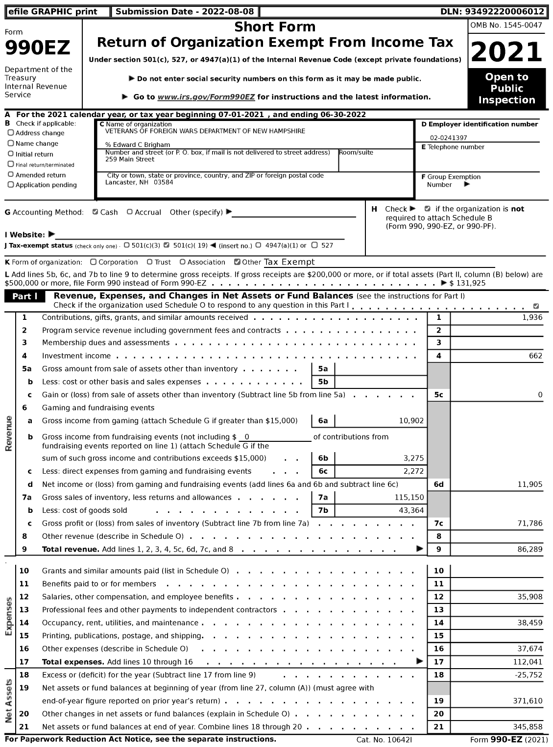 Image of first page of 2021 Form 990EZ for Veterans of Foreign Wars Department of New Hampshire - 3041 Veterans of Foreign Wars VFW N