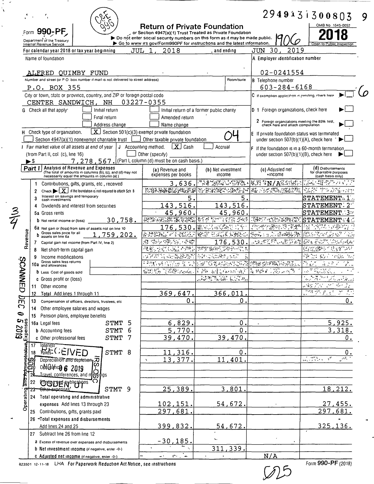 Image of first page of 2018 Form 990PF for Alfred Quimby Fund