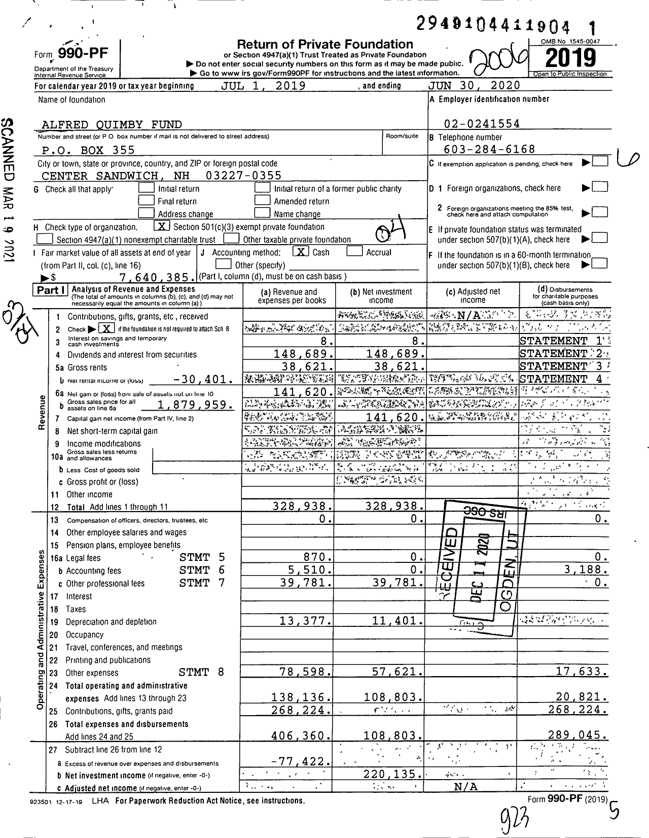 Image of first page of 2019 Form 990PF for Alfred Quimby Fund