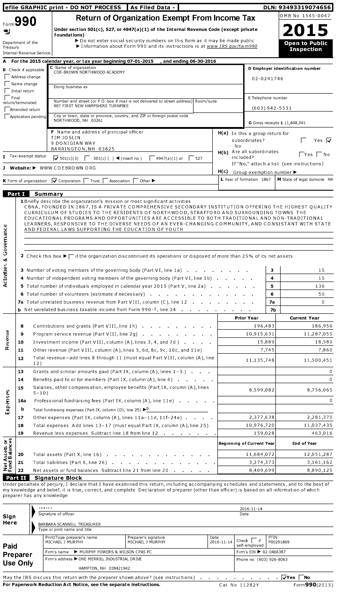 Image of first page of 2015 Form 990 for Coe-Brown Northwood Academy