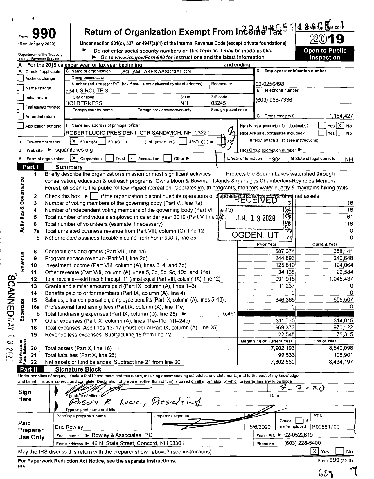 Image of first page of 2019 Form 990 for Squam Lakes Association (SLA)