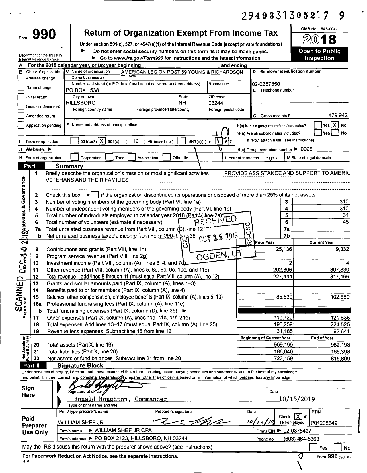 Image of first page of 2018 Form 990O for American Legion - 59 Young & Richardson