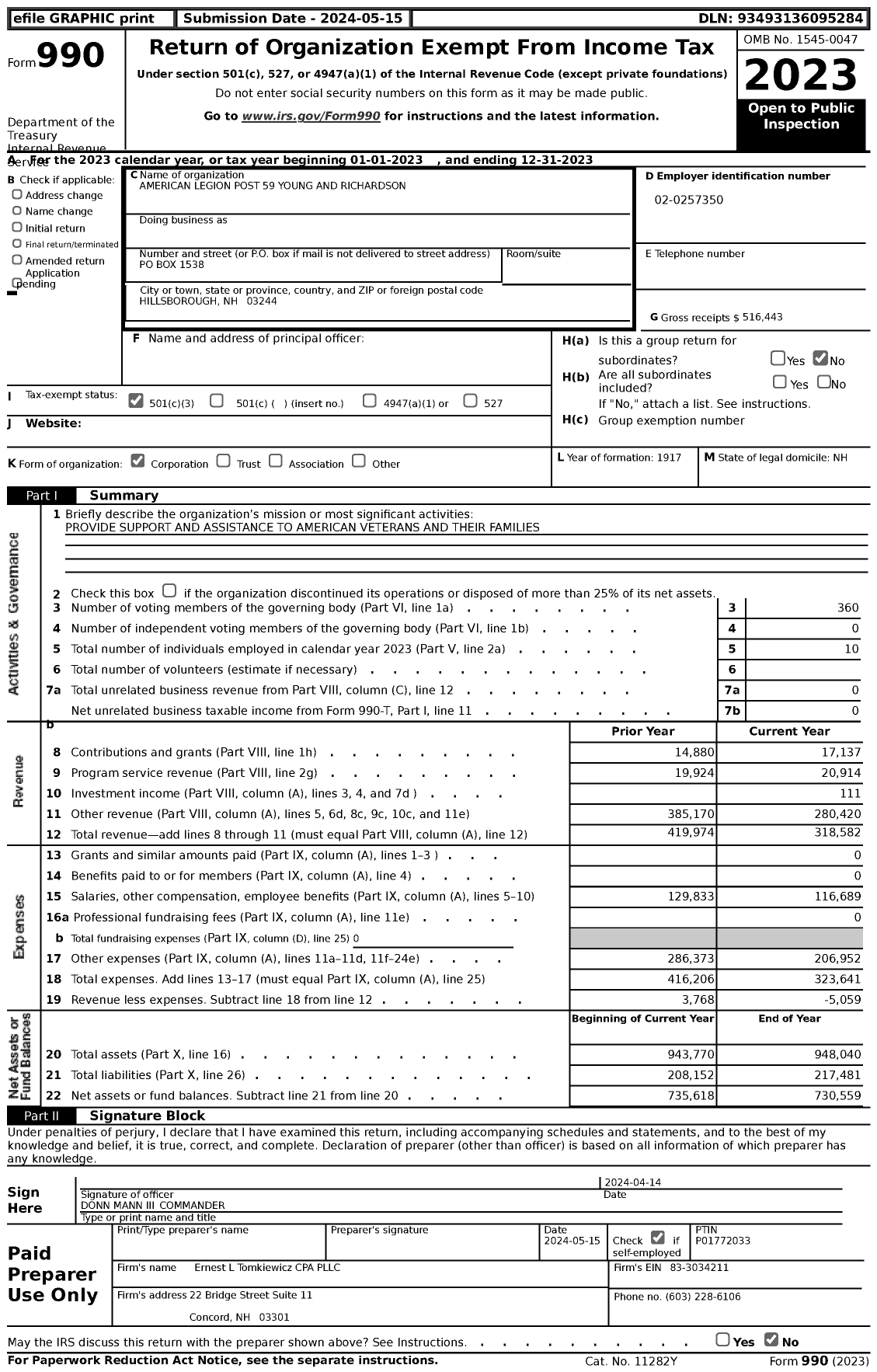 Image of first page of 2023 Form 990 for American Legion - 59 Young & Richardson