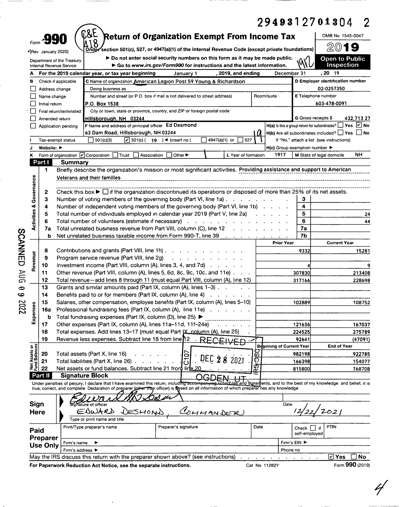 Image of first page of 2019 Form 990O for American Legion - 59 Young & Richardson