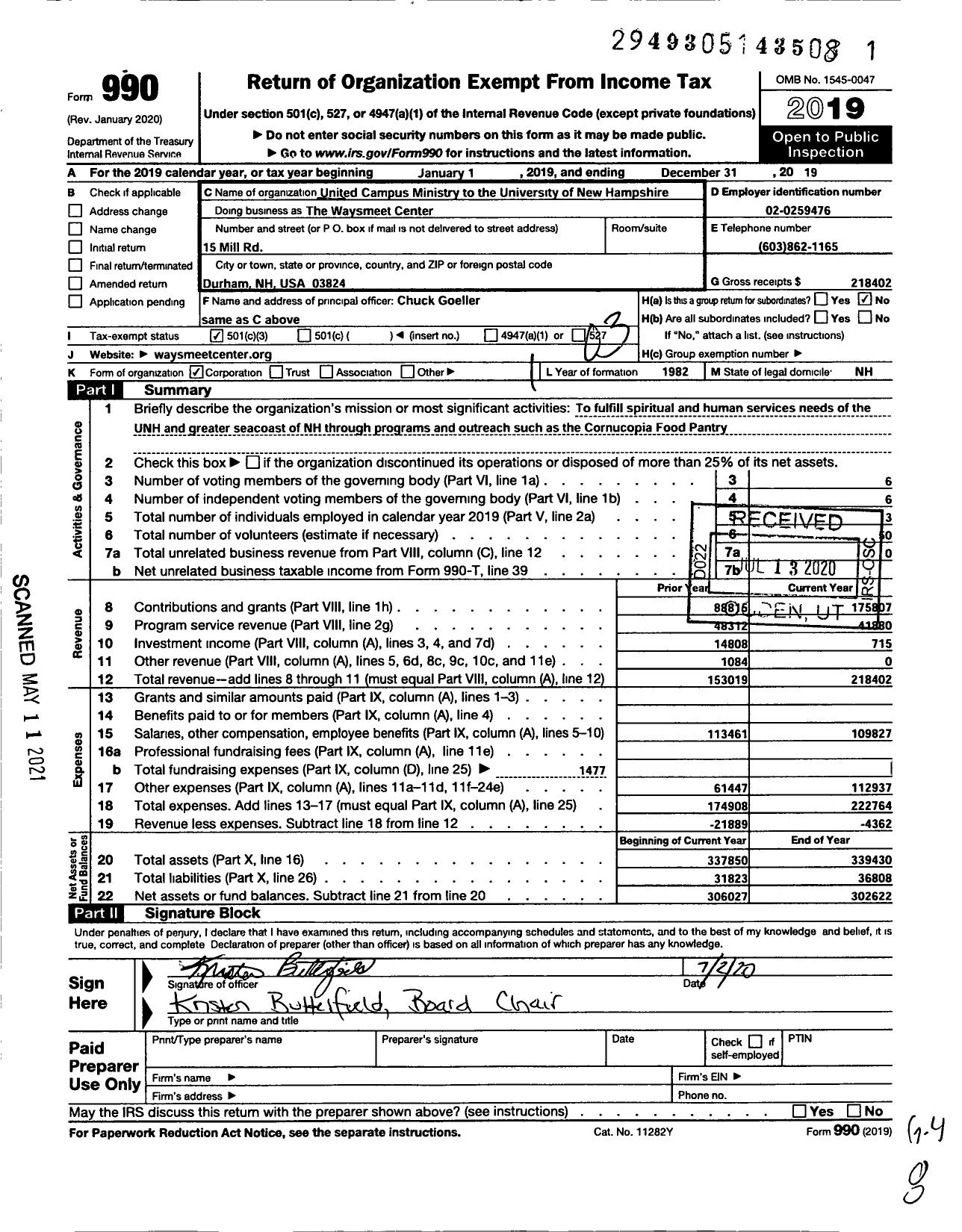 Image of first page of 2019 Form 990 for The Waysmeet Center