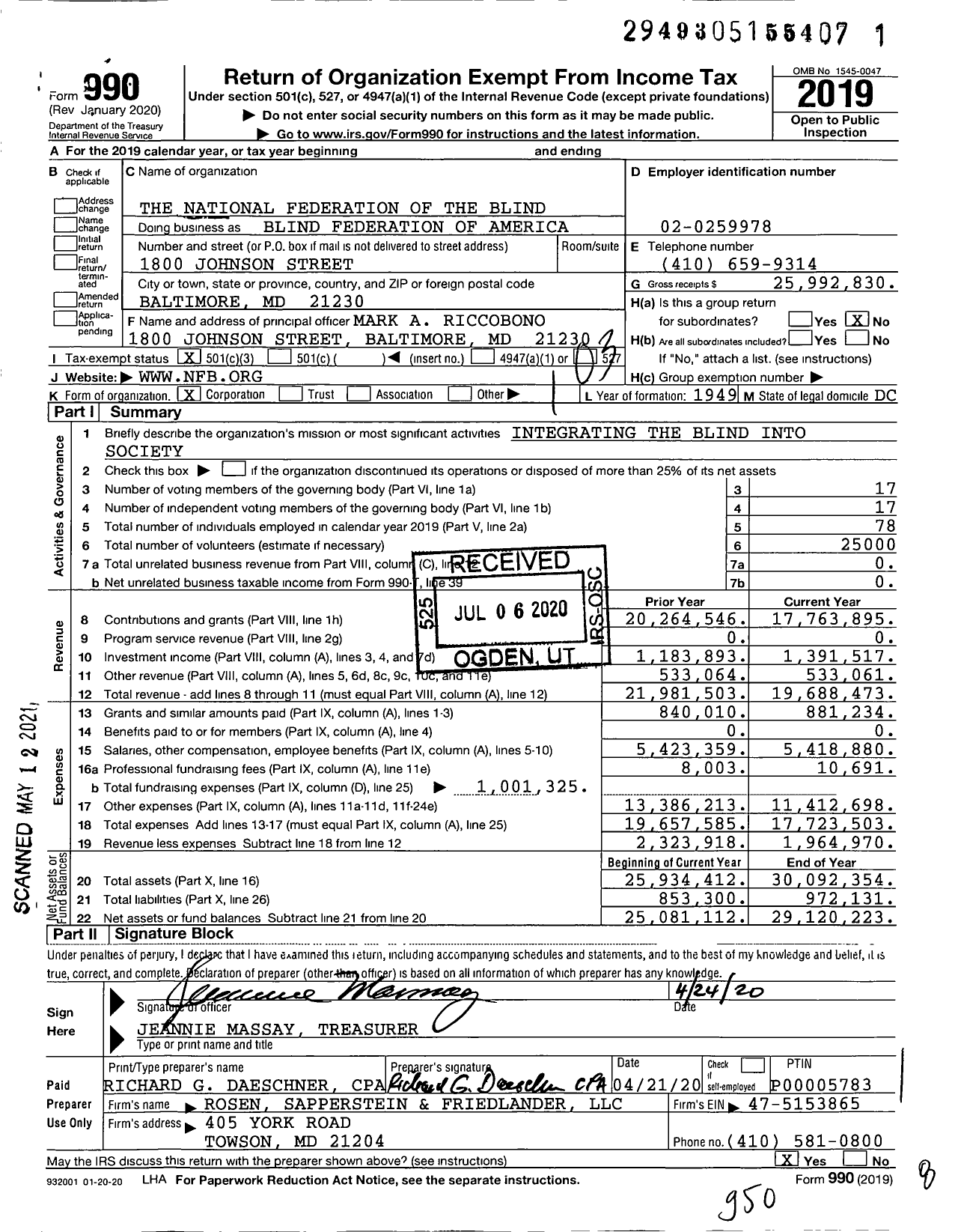 Image of first page of 2019 Form 990 for Blind Federation of America (NFB)
