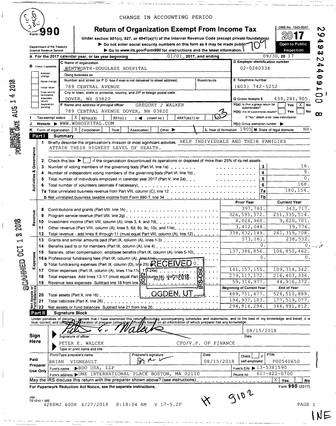 Image of first page of 2016 Form 990 for Wentworth-Douglass Hospital