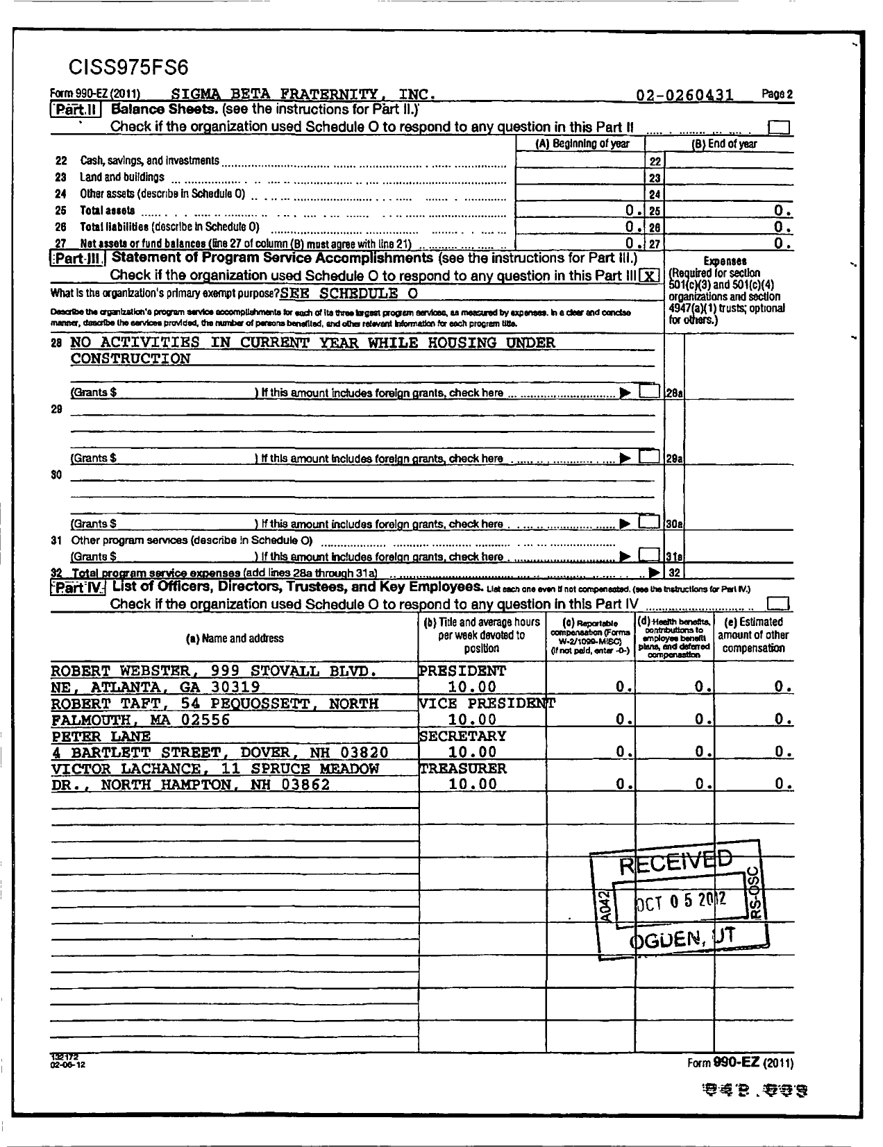 Image of first page of 2011 Form 990EOR for Sigma Beta Fraternity