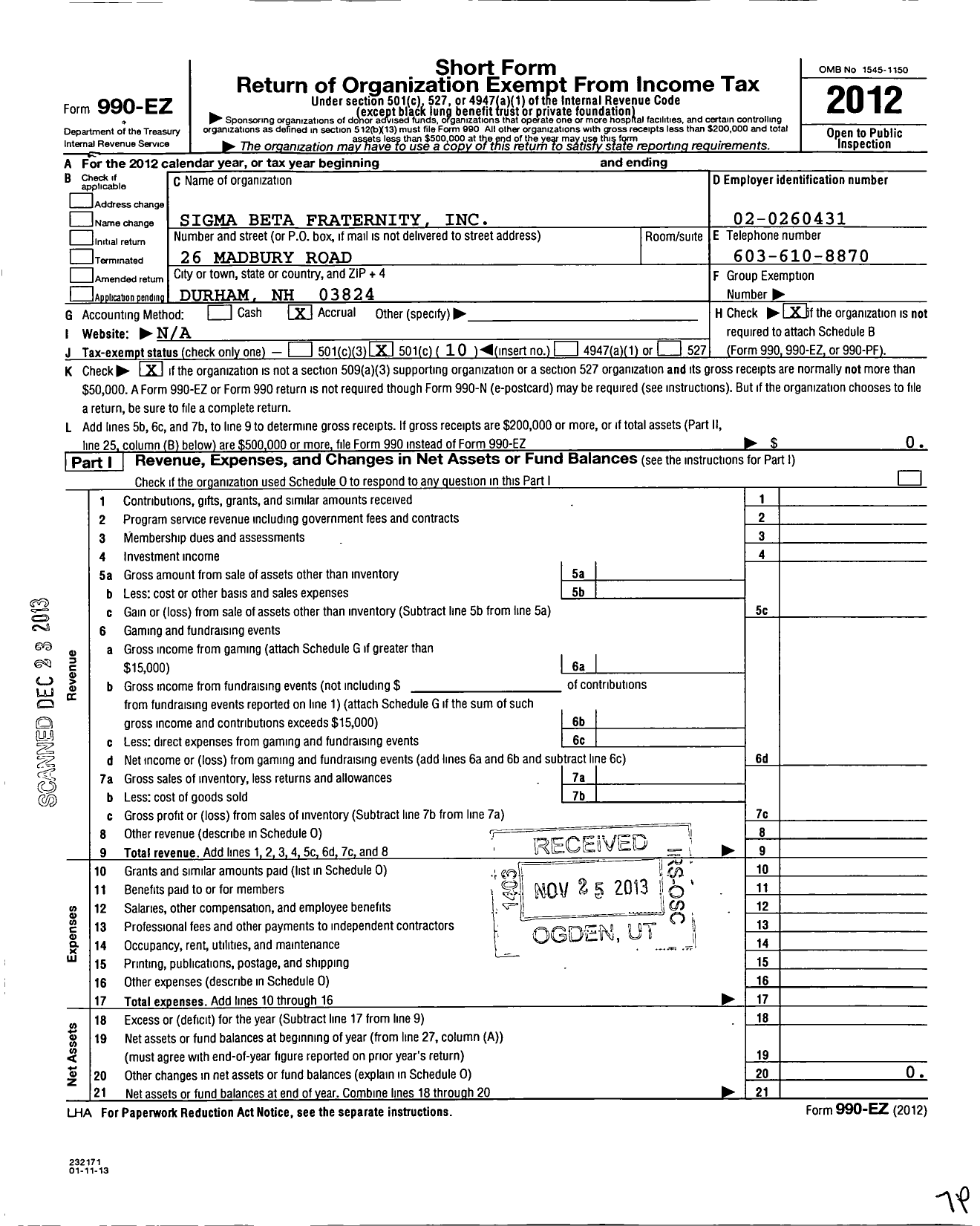 Image of first page of 2012 Form 990EO for Sigma Beta Fraternity