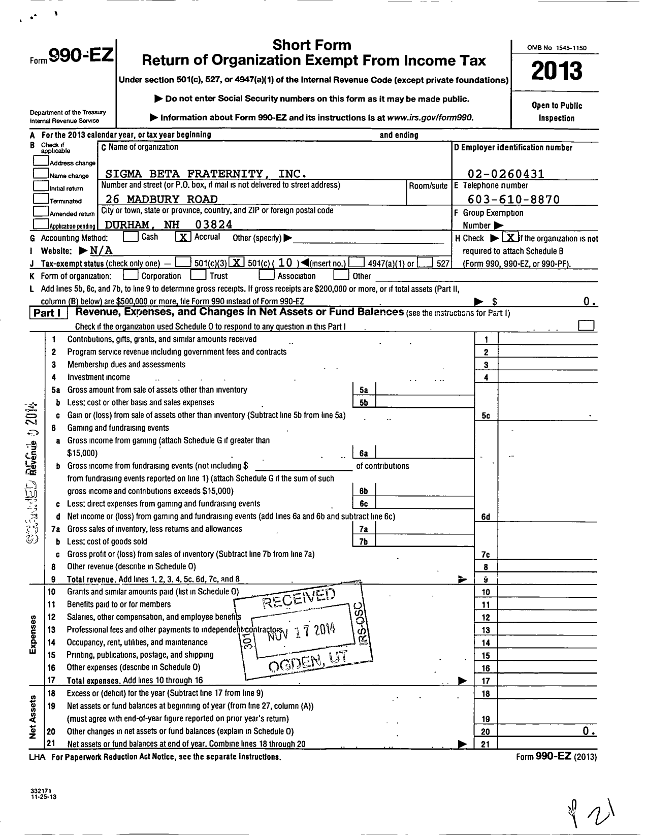 Image of first page of 2013 Form 990EO for Sigma Beta Fraternity