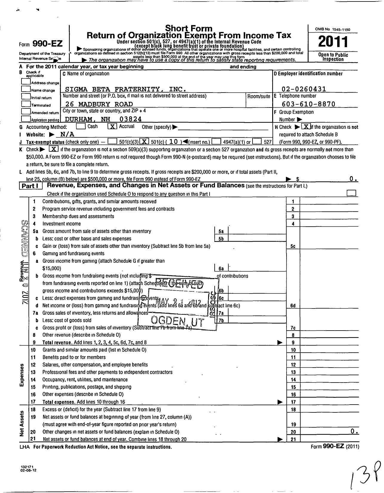 Image of first page of 2011 Form 990EO for Sigma Beta Fraternity