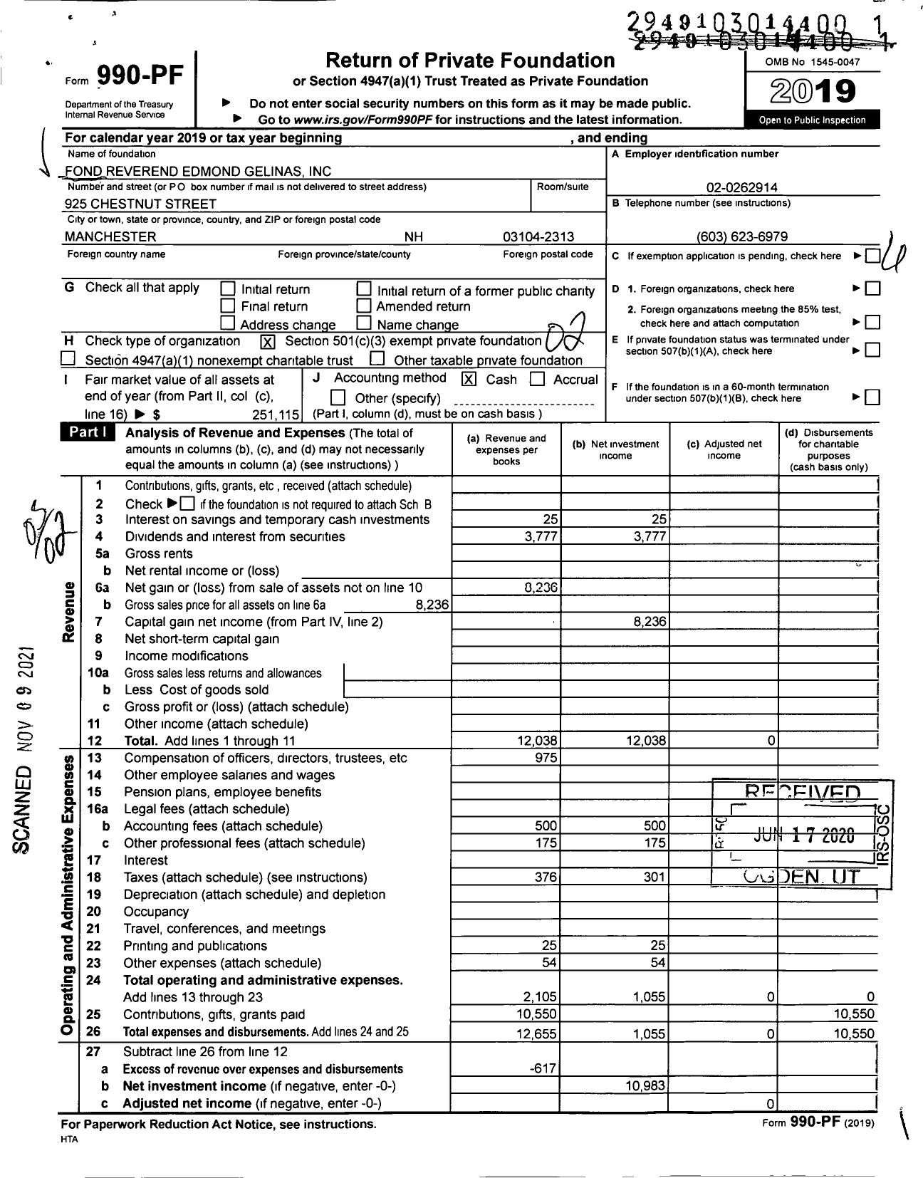 Image of first page of 2019 Form 990PF for Fond Reverend Edmond Gelinas