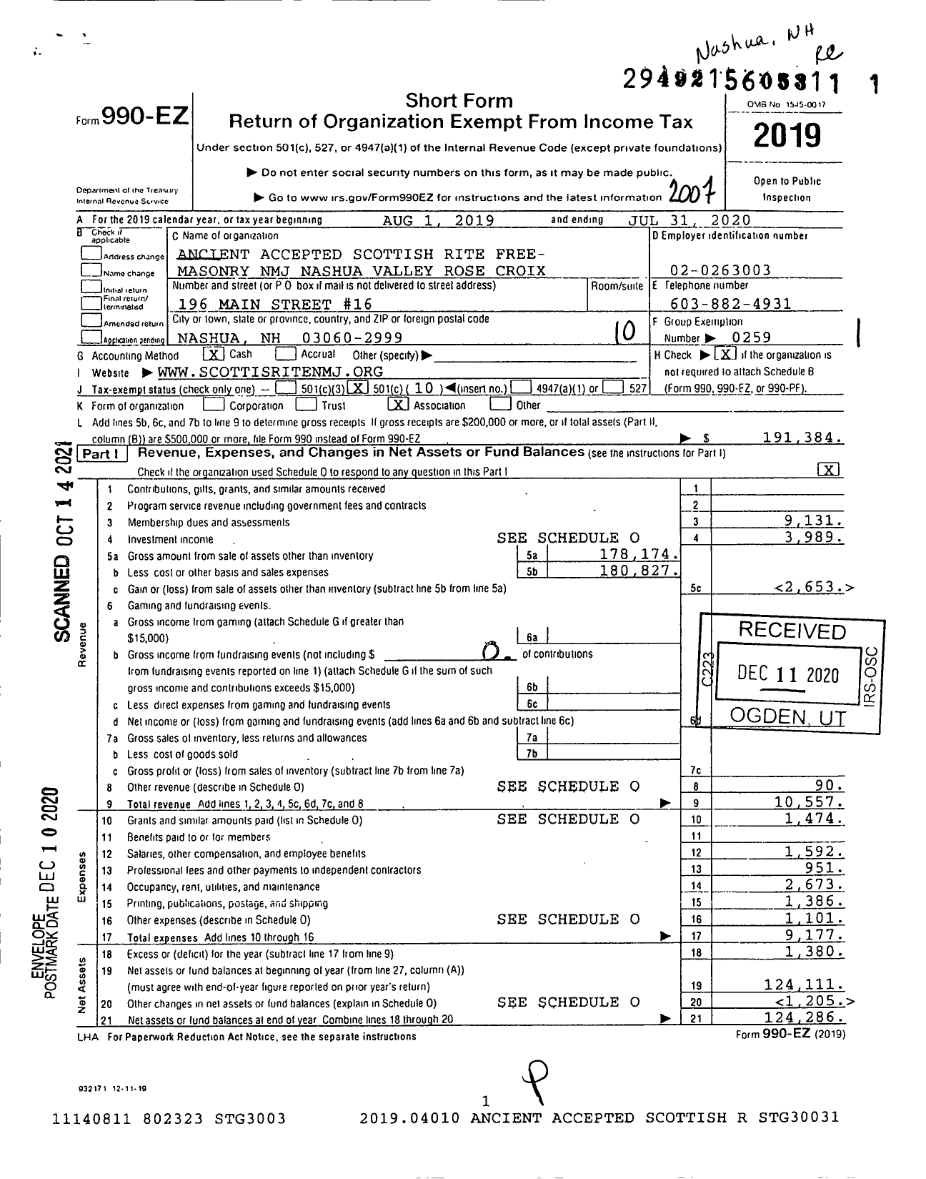 Image of first page of 2019 Form 990EO for Scottish Rite, NMJ - Valley of Nashua Rose Croix