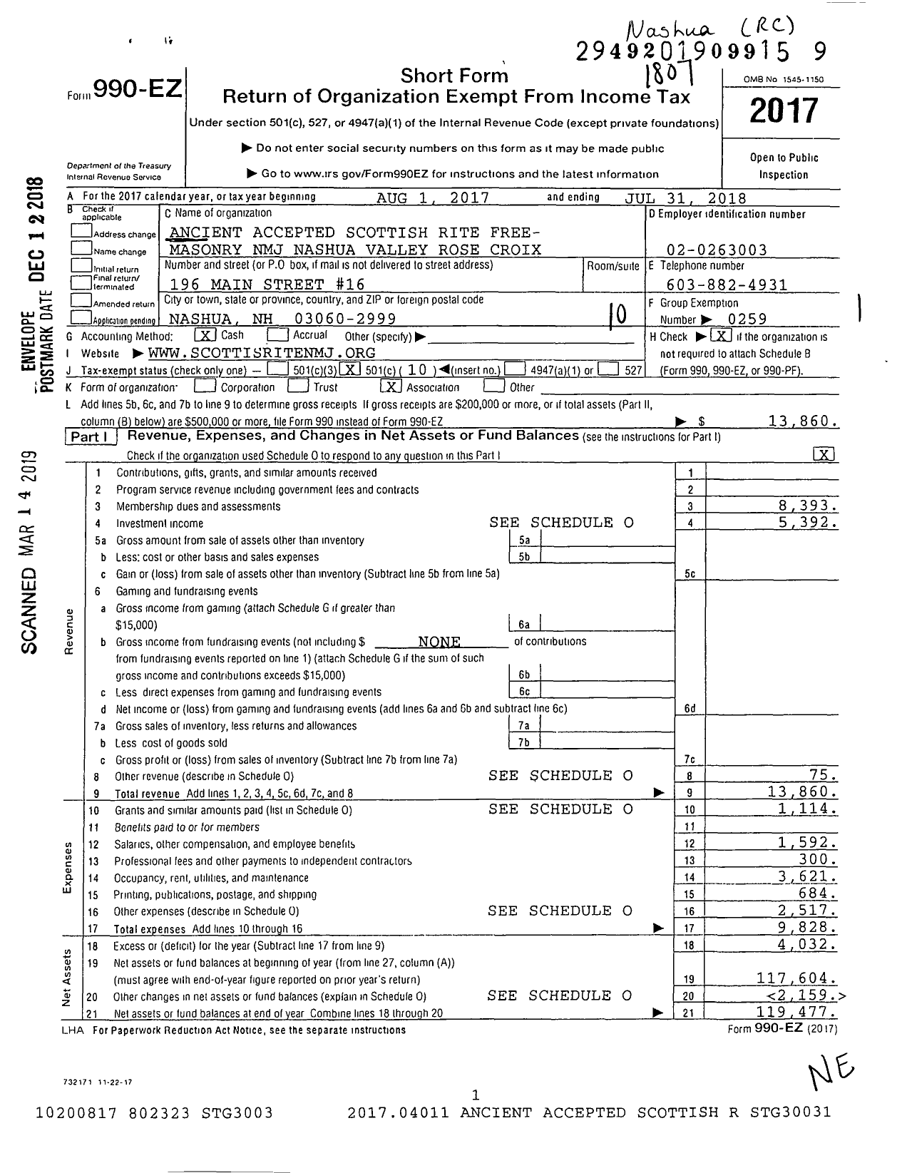 Image of first page of 2017 Form 990EO for Scottish Rite, NMJ - Valley of Nashua Rose Croix