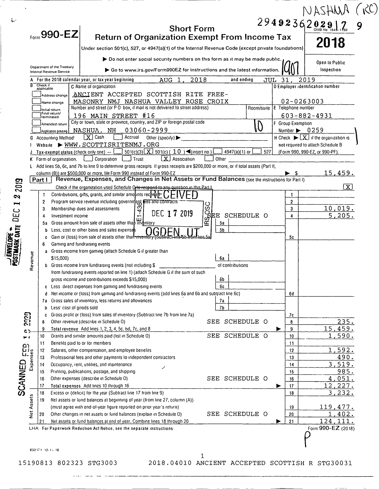 Image of first page of 2018 Form 990EO for Scottish Rite, NMJ - Valley of Nashua Rose Croix