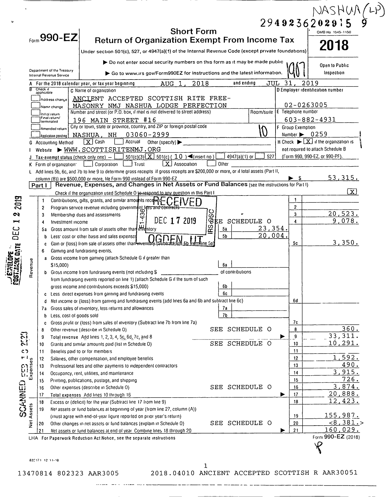 Image of first page of 2018 Form 990EO for Scottish Rite, NMJ - Lodge of Perfection Valley of Nashu