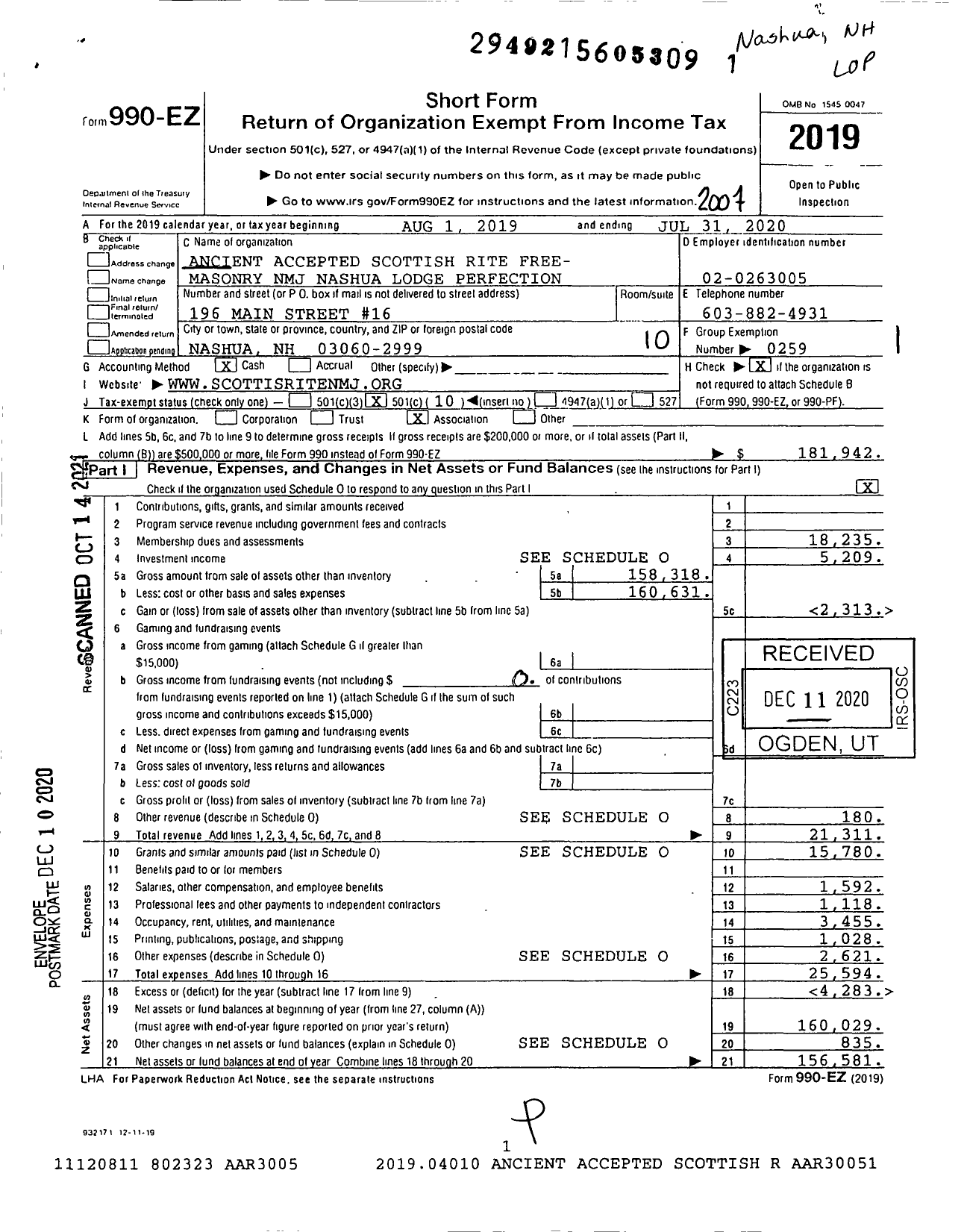 Image of first page of 2019 Form 990EO for Scottish Rite, NMJ - Lodge of Perfection Valley of Nashu