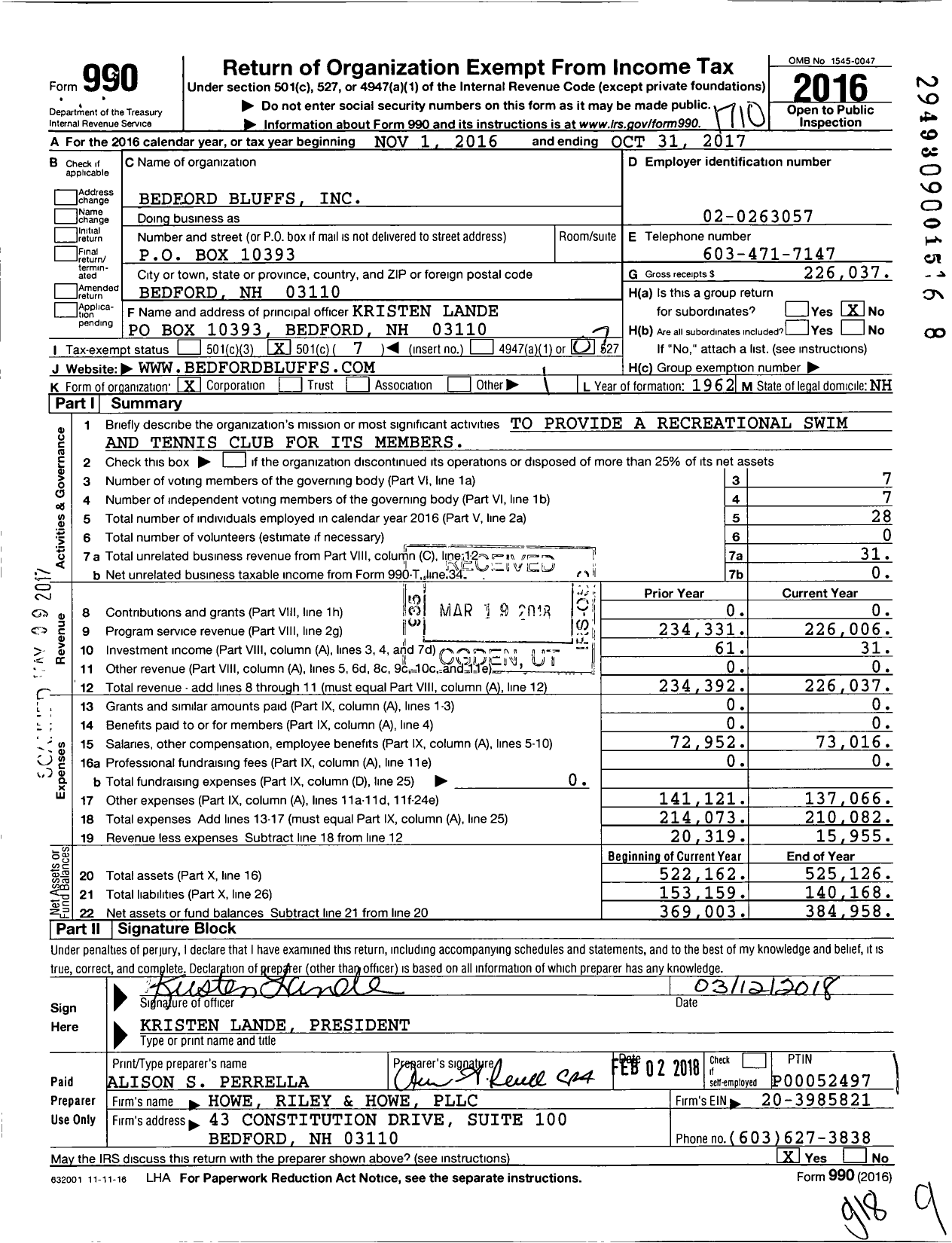 Image of first page of 2016 Form 990O for Bedford Bluffs