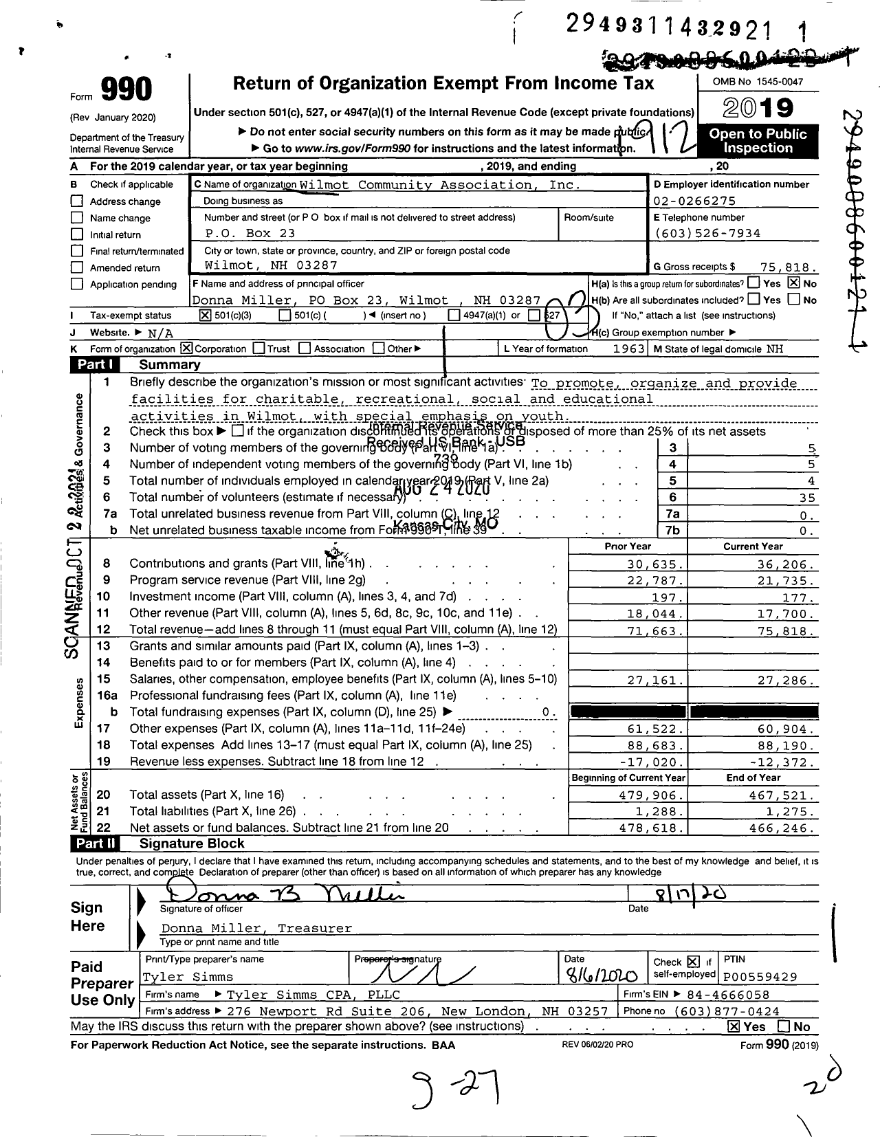 Image of first page of 2019 Form 990 for Wilmot Community Association