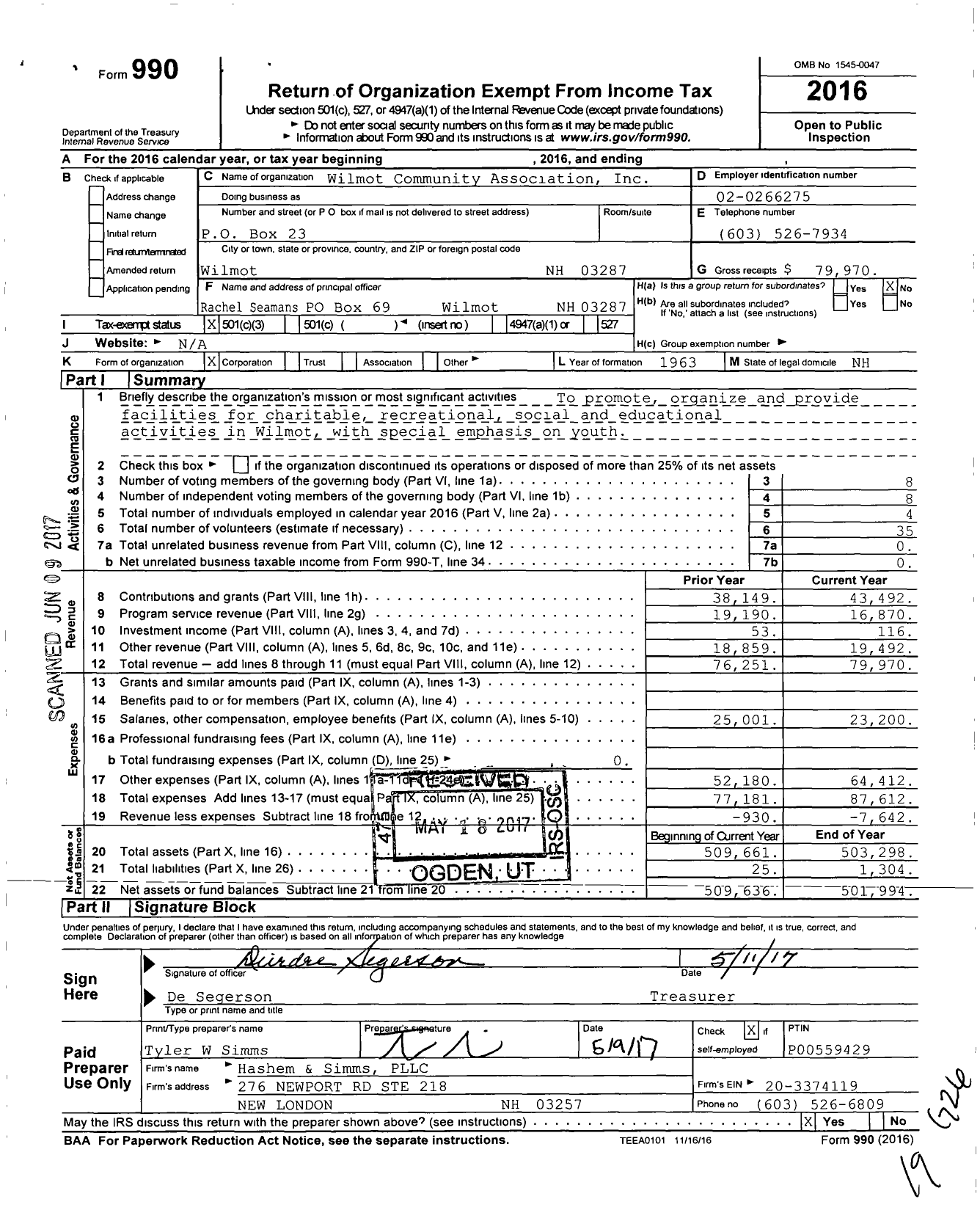 Image of first page of 2016 Form 990 for Wilmot Community Association