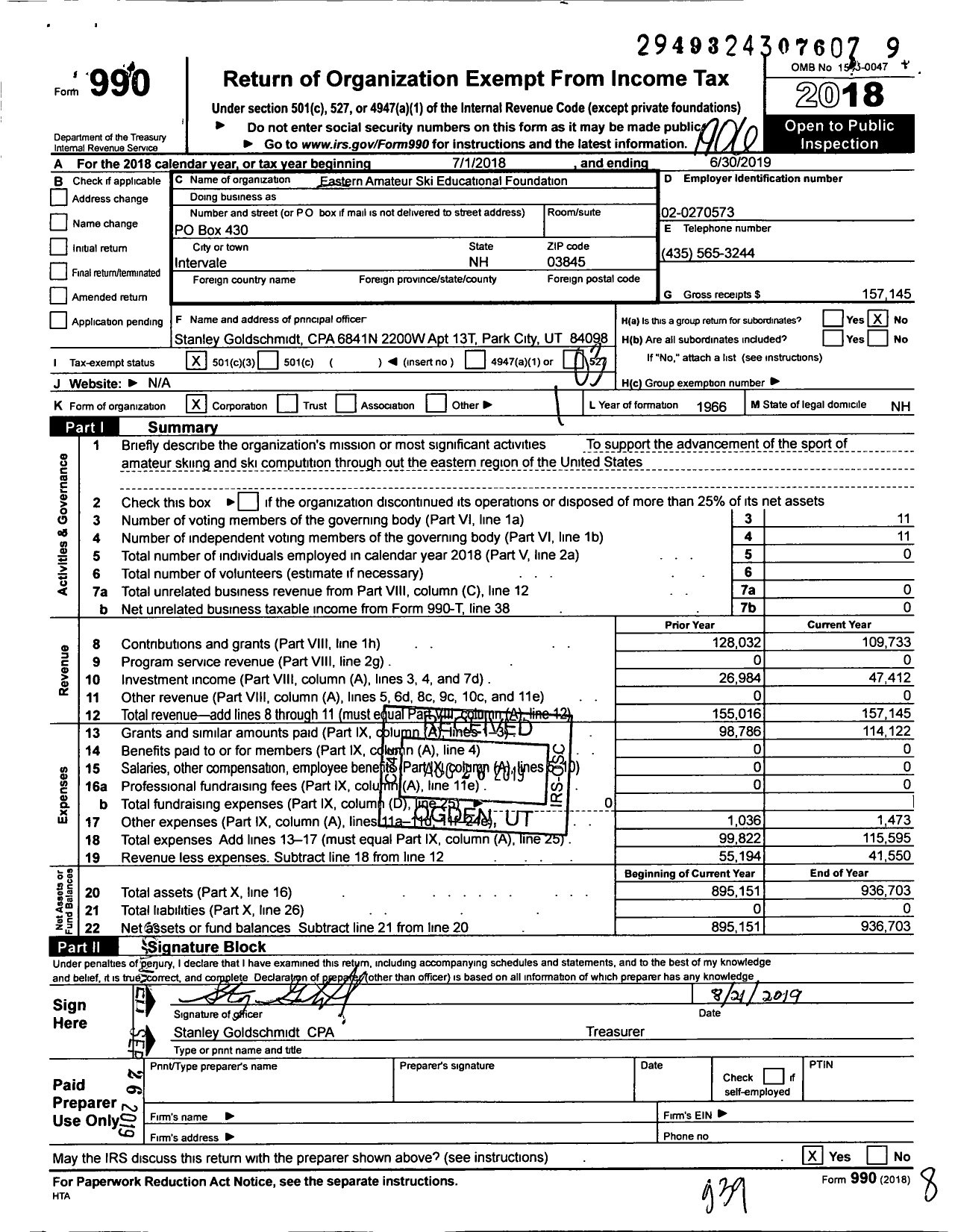 Image of first page of 2018 Form 990 for Eastern Amateur Ski Educational Foundation