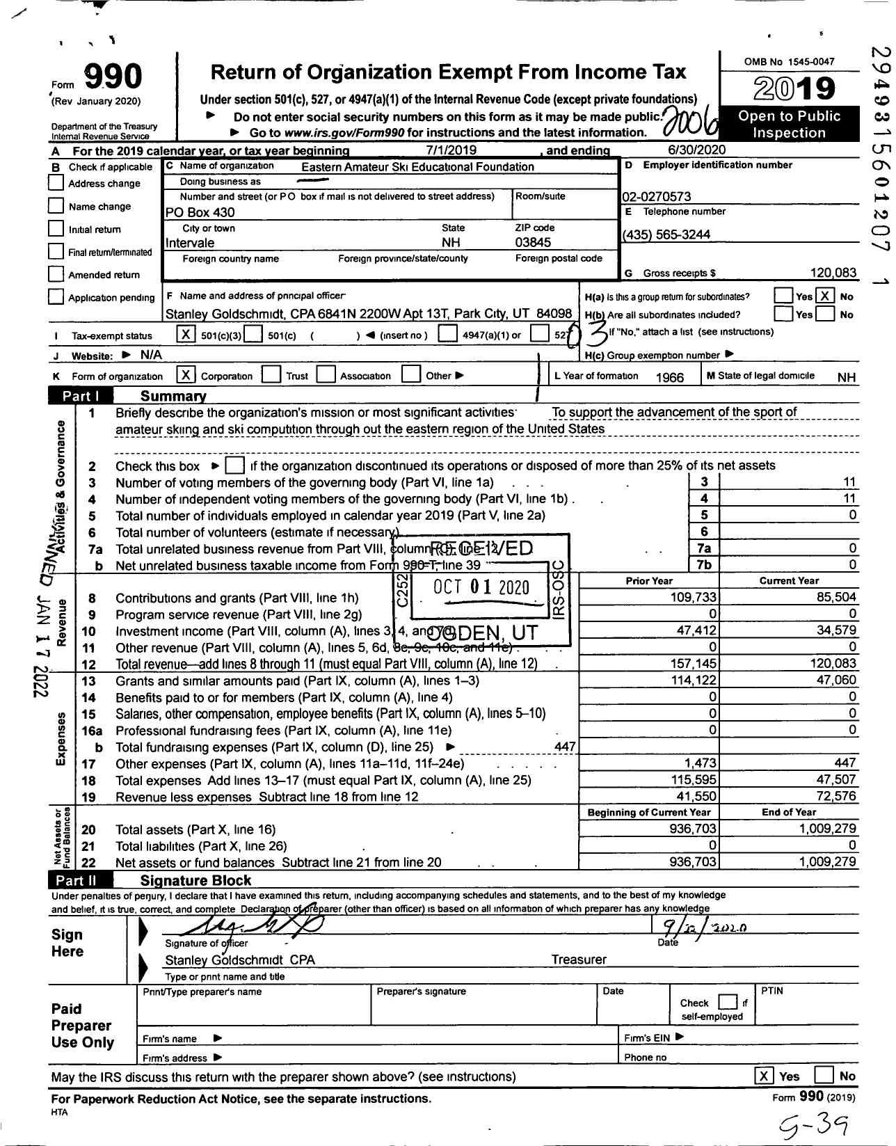 Image of first page of 2019 Form 990 for Eastern Amateur Ski Educational Foundation