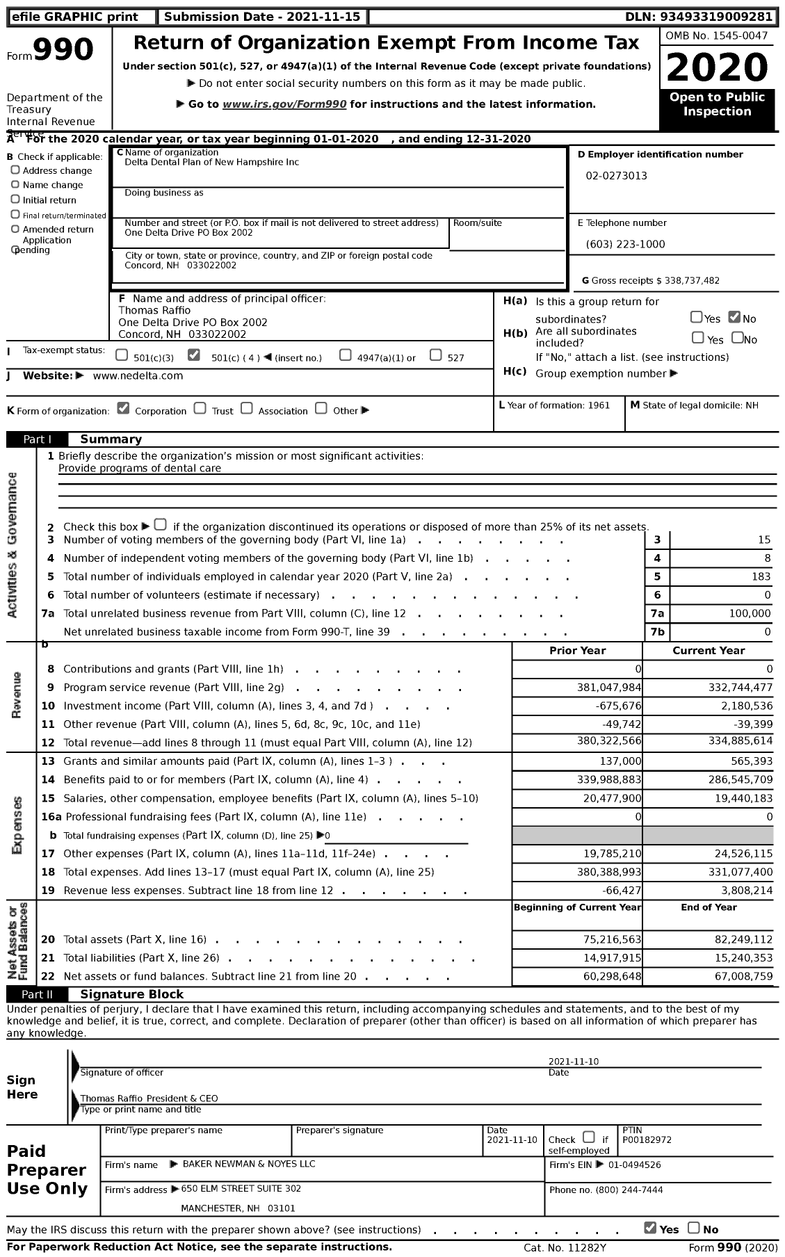 Image of first page of 2020 Form 990 for Delta Dental Plan of New Hampshire