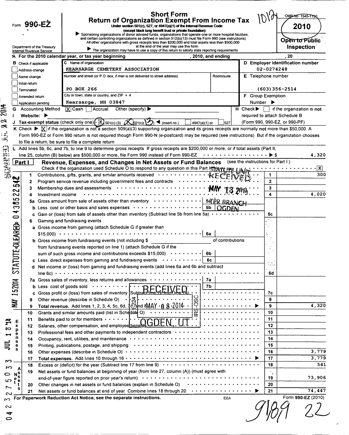 Image of first page of 2010 Form 990EO for Kearsarge Cemetery Association