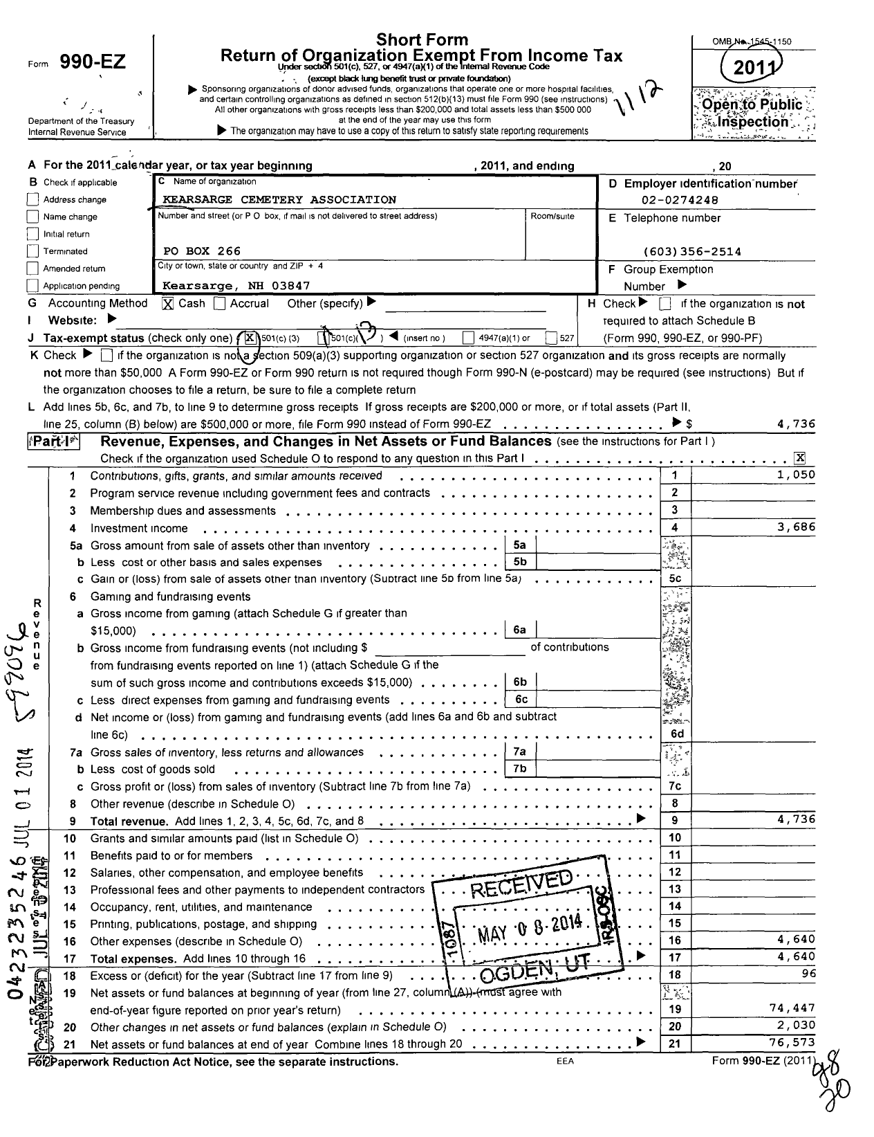 Image of first page of 2011 Form 990EO for Kearsarge Cemetery Association