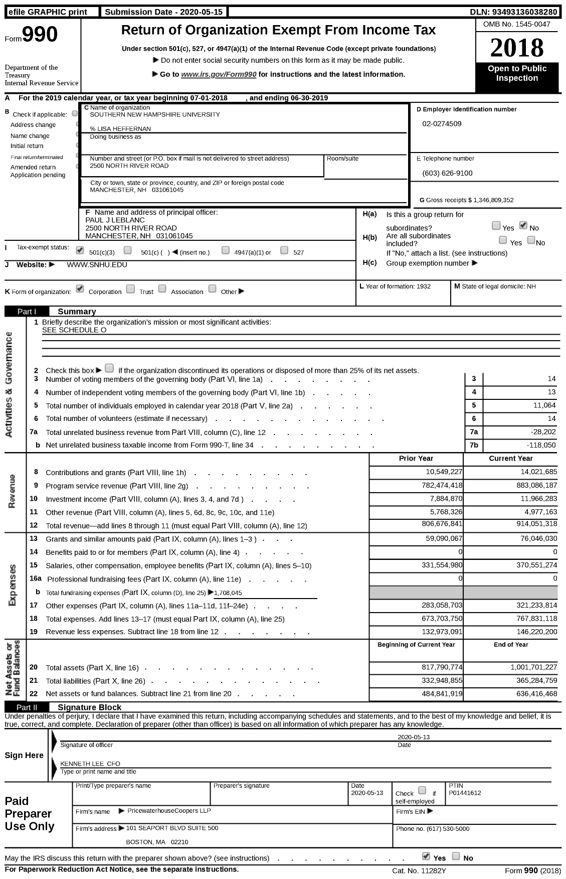 Image of first page of 2018 Form 990 for Southern New Hampshire University (SNHU)