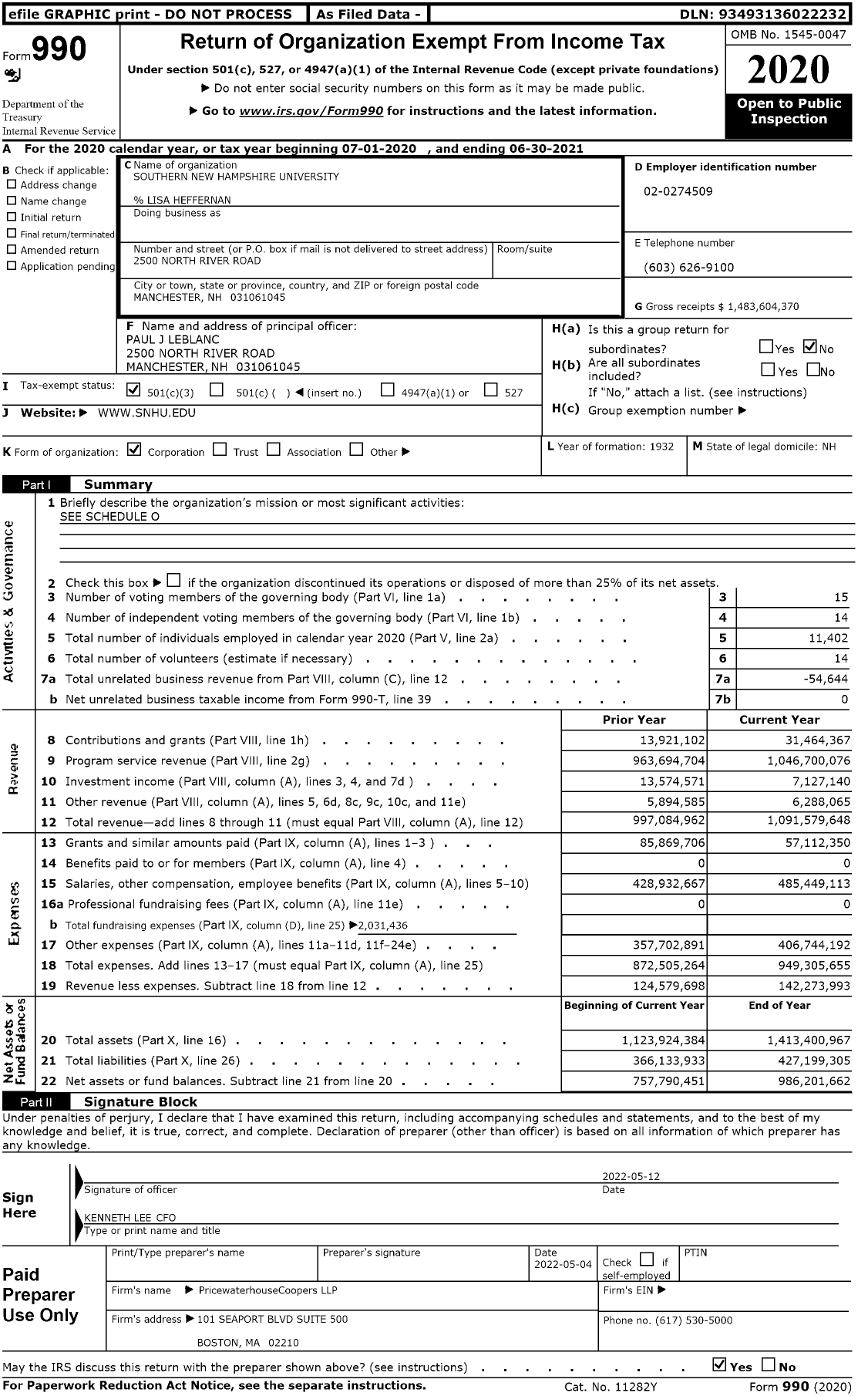 Image of first page of 2020 Form 990 for Southern New Hampshire University (SNHU)