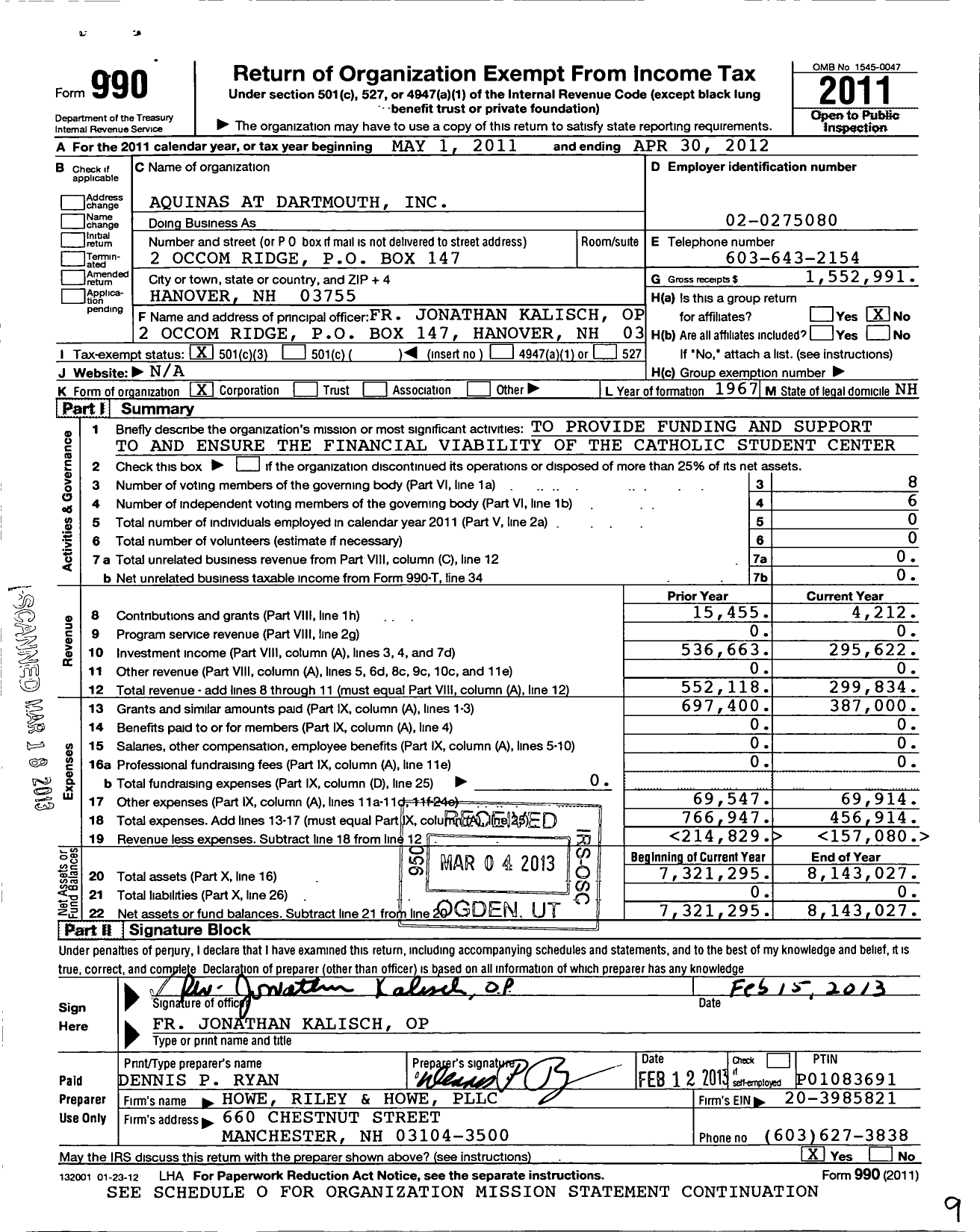 Image of first page of 2011 Form 990 for Aquinas at Dartmouth