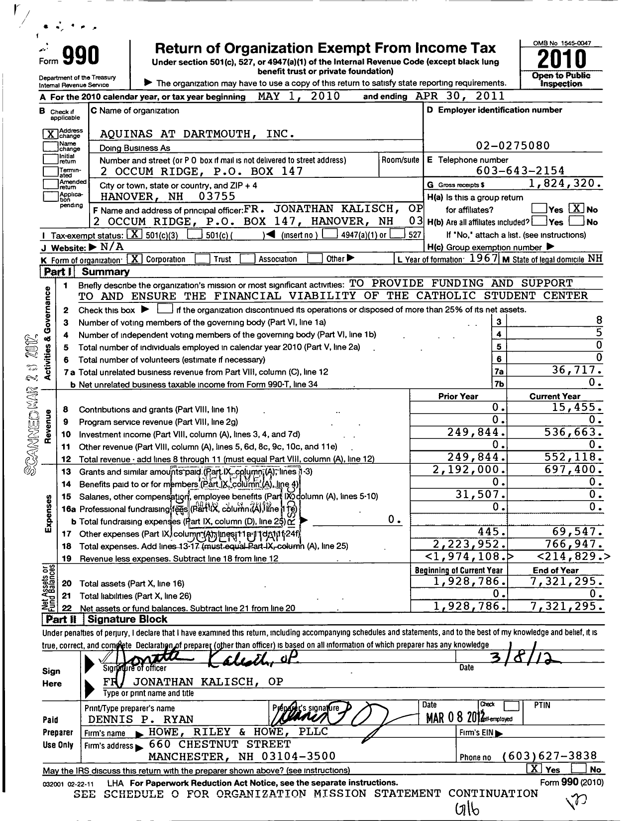 Image of first page of 2010 Form 990 for Aquinas at Dartmouth