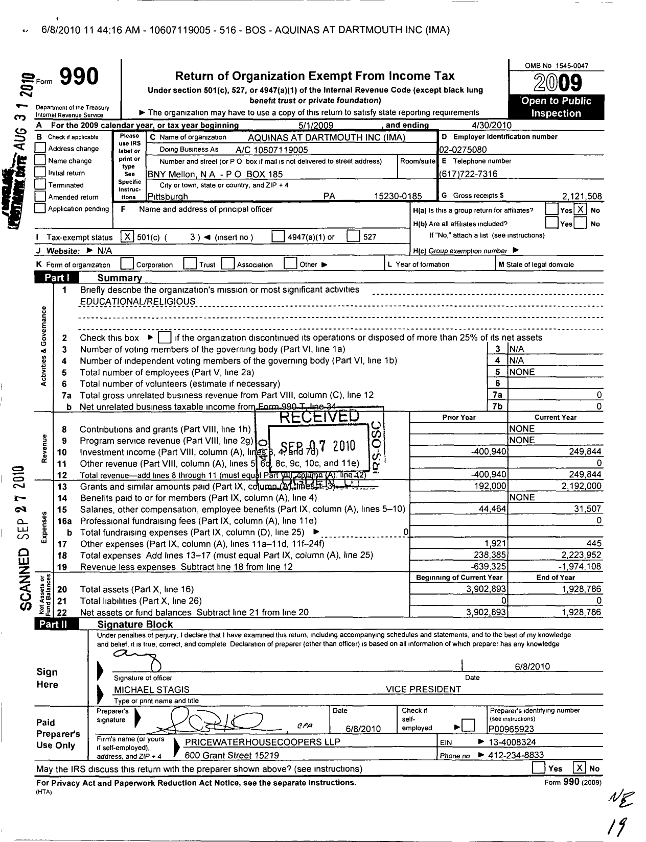 Image of first page of 2009 Form 990 for Aquinas at Dartmouth