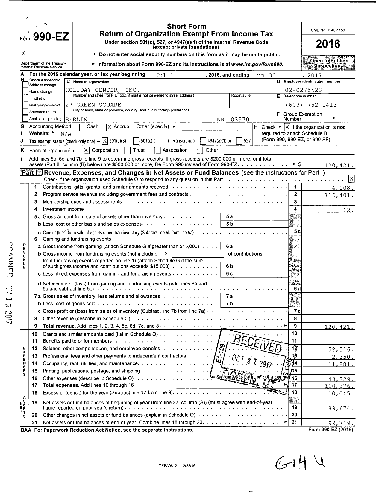 Image of first page of 2016 Form 990EZ for Holiday Center