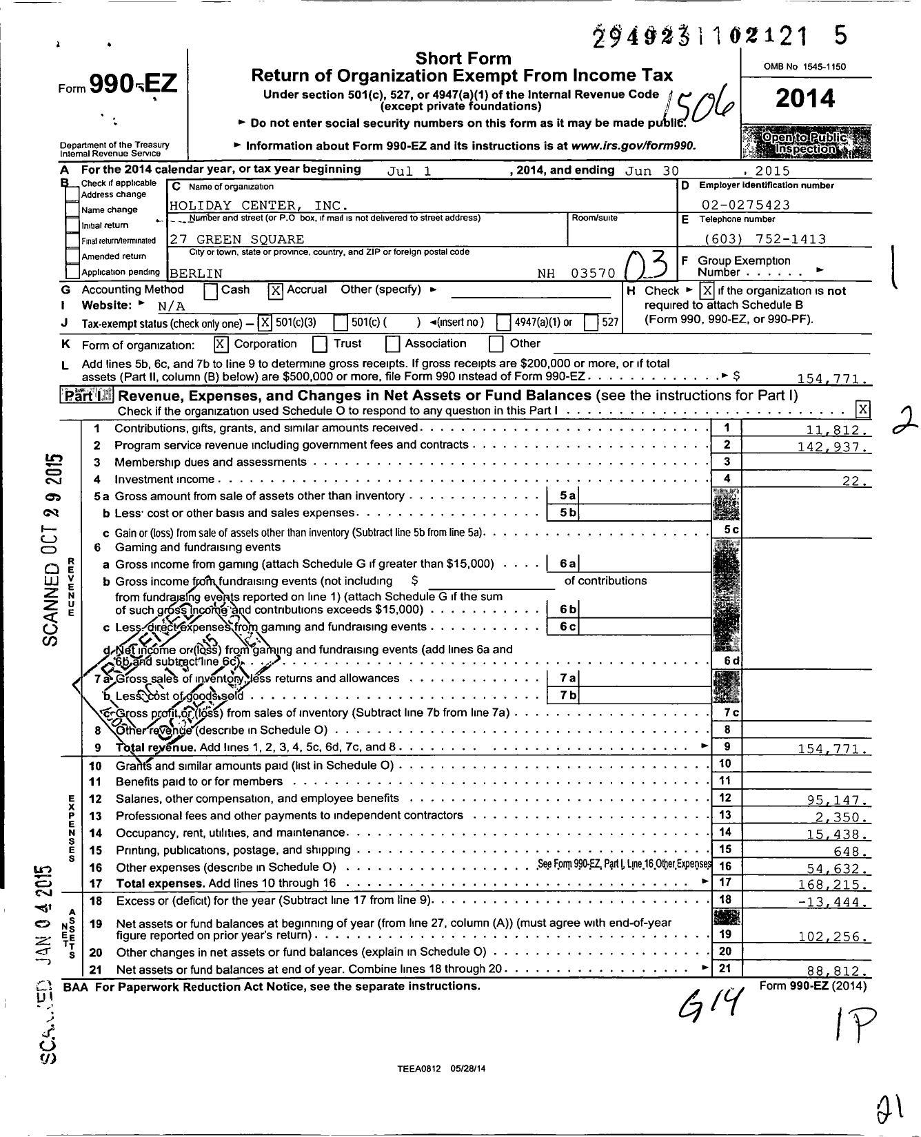 Image of first page of 2014 Form 990EZ for Holiday Center