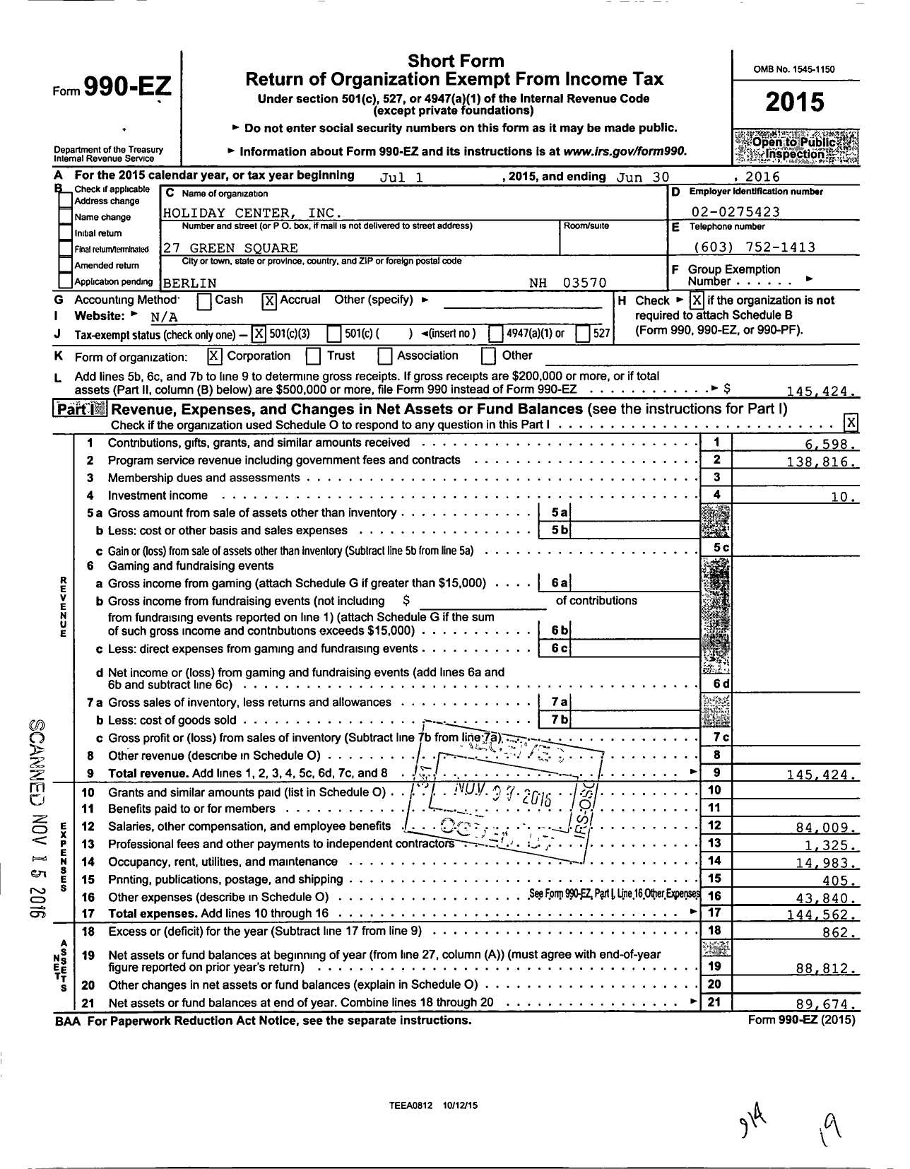 Image of first page of 2015 Form 990EZ for Holiday Center