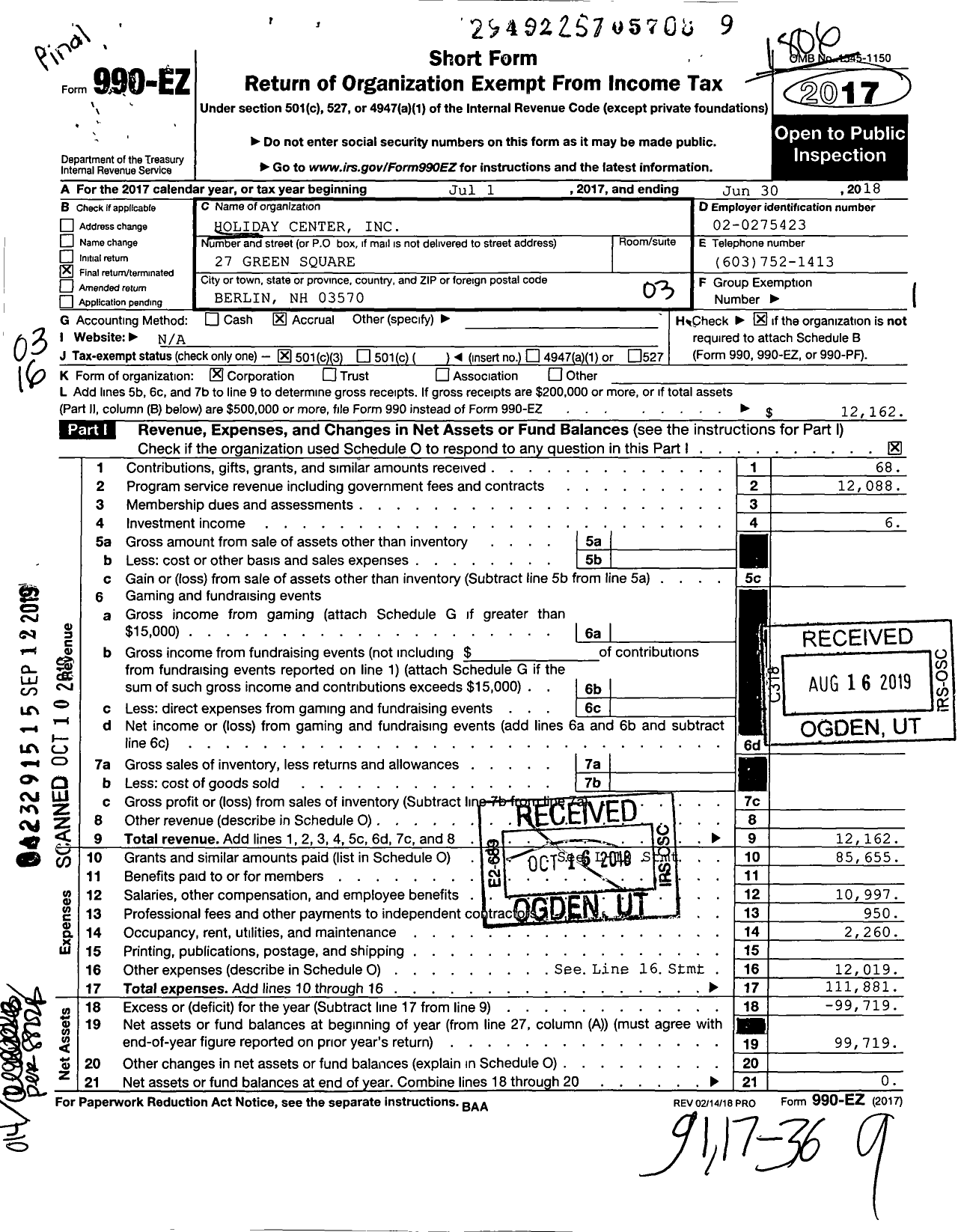 Image of first page of 2017 Form 990EZ for Holiday Center