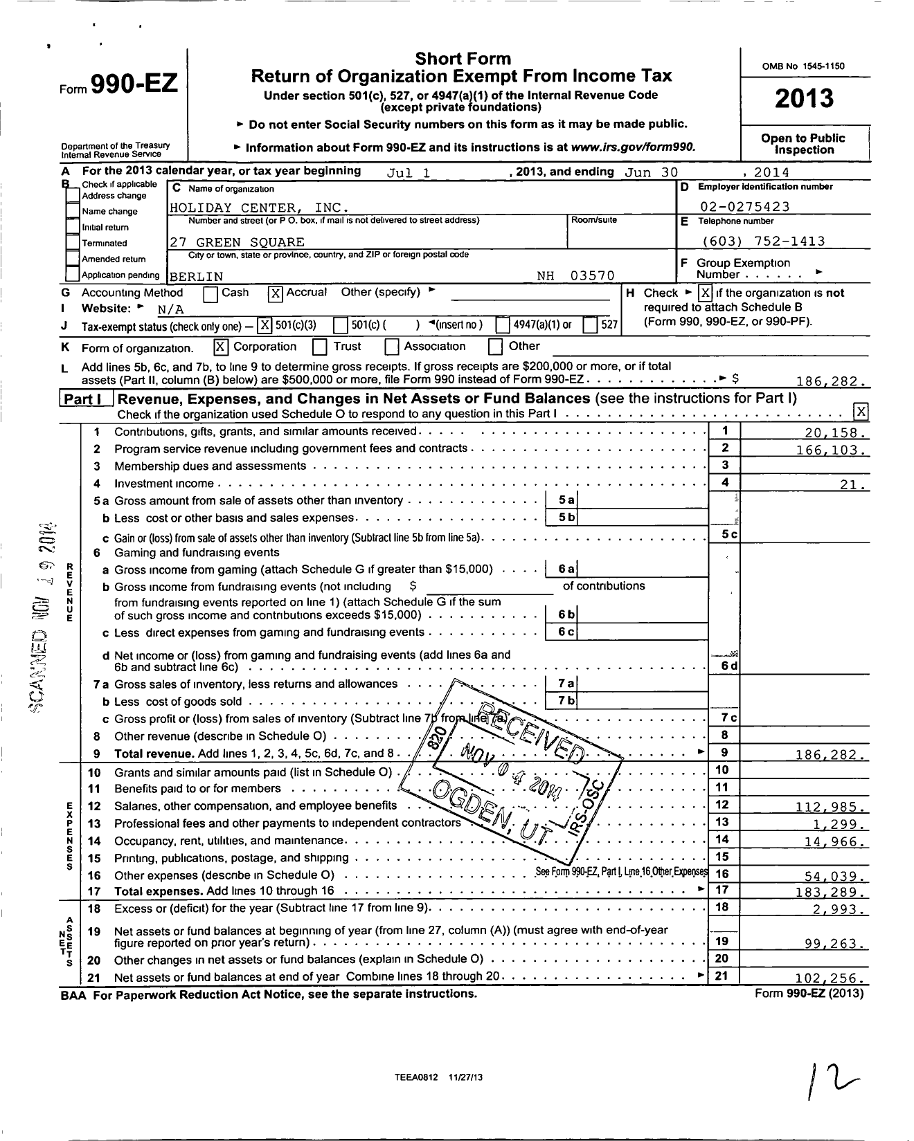 Image of first page of 2013 Form 990EZ for Holiday Center