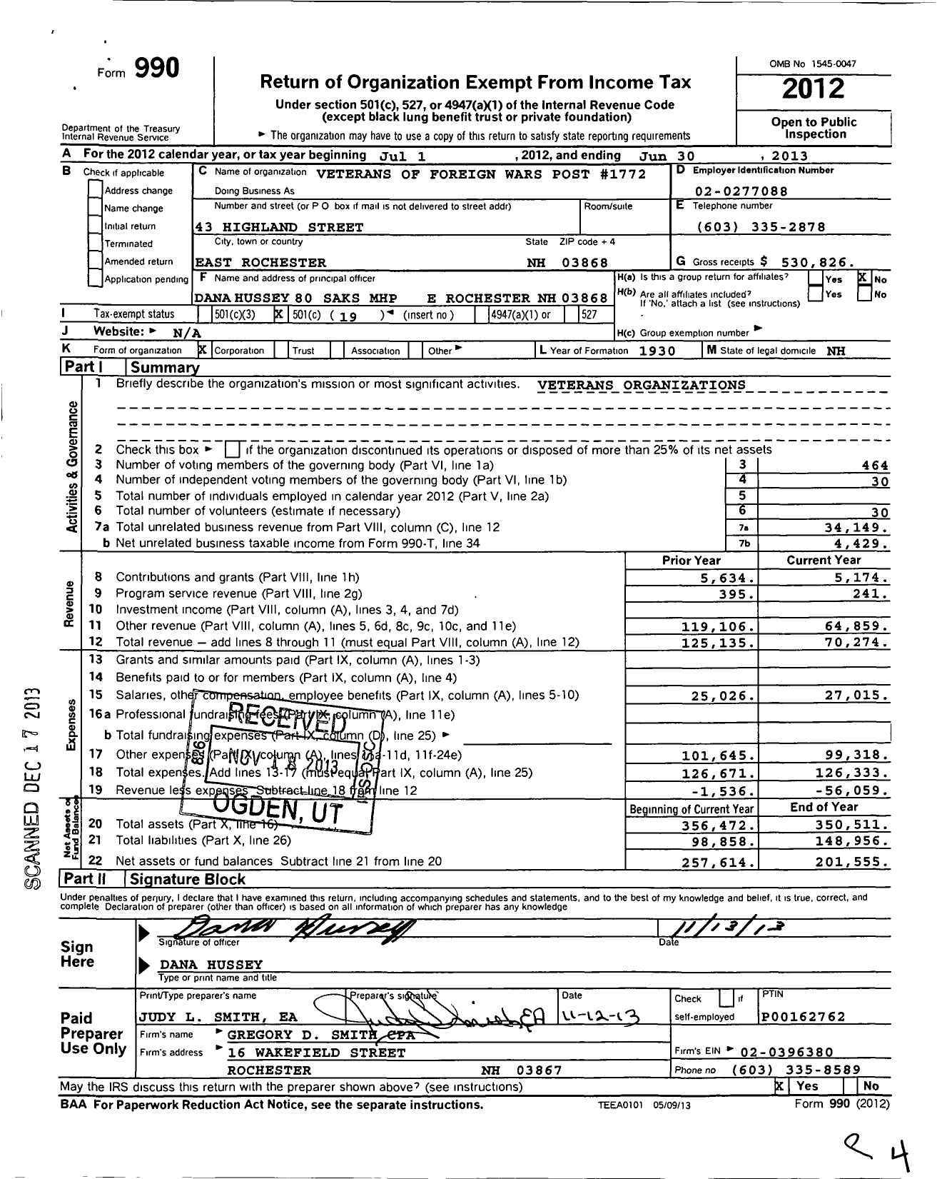 Image of first page of 2012 Form 990O for Veterans of Foreign Wars Department of New Hampshire - 1772 VFW George J Maxfield