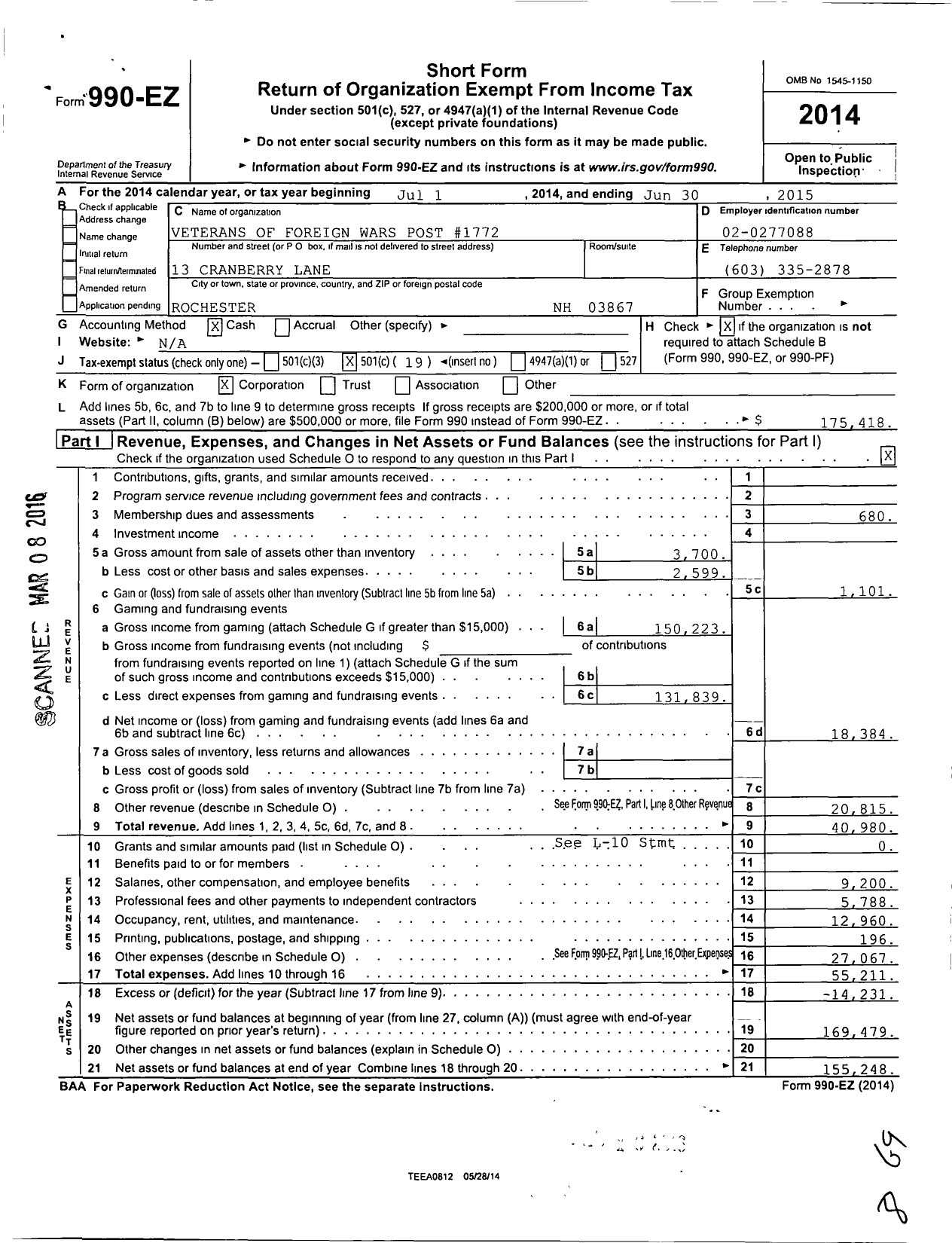 Image of first page of 2014 Form 990EO for Veterans of Foreign Wars Department of New Hampshire - 1772 VFW George J Maxfield