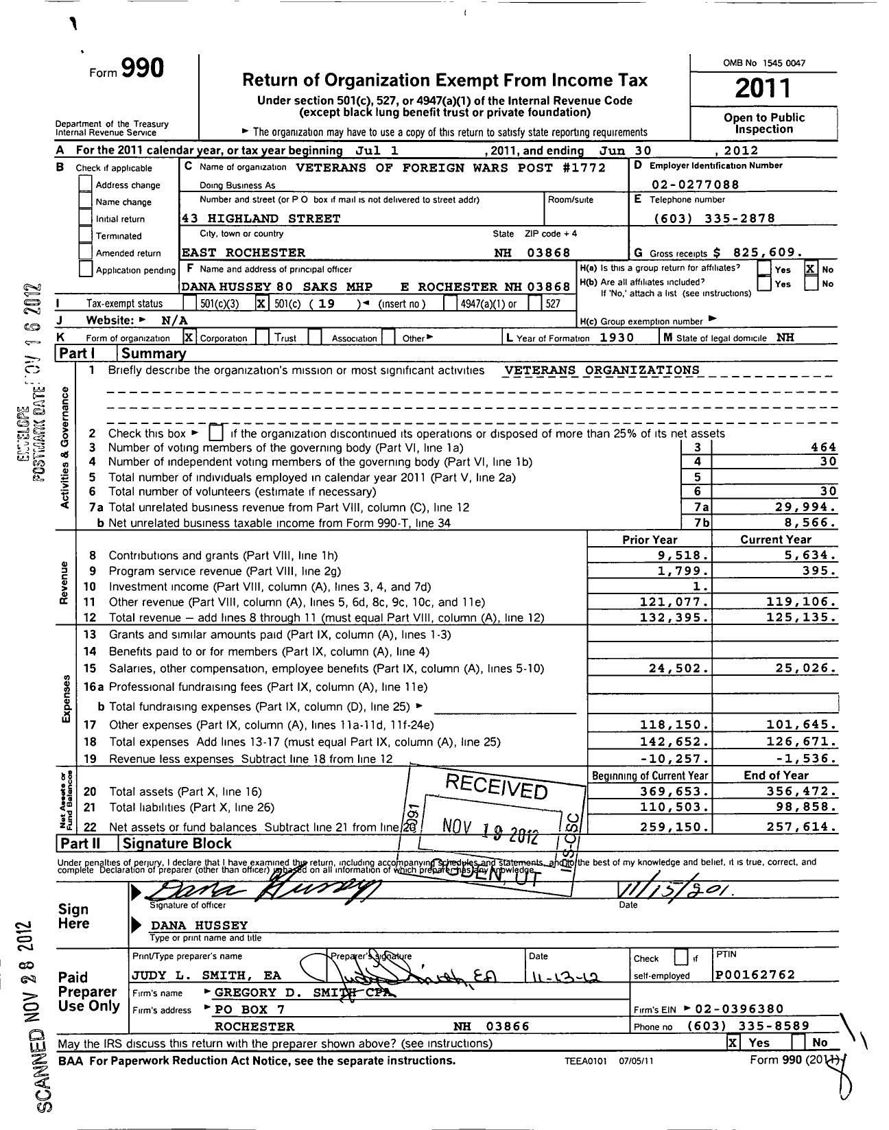 Image of first page of 2011 Form 990O for Veterans of Foreign Wars Department of New Hampshire - 1772 VFW George J Maxfield